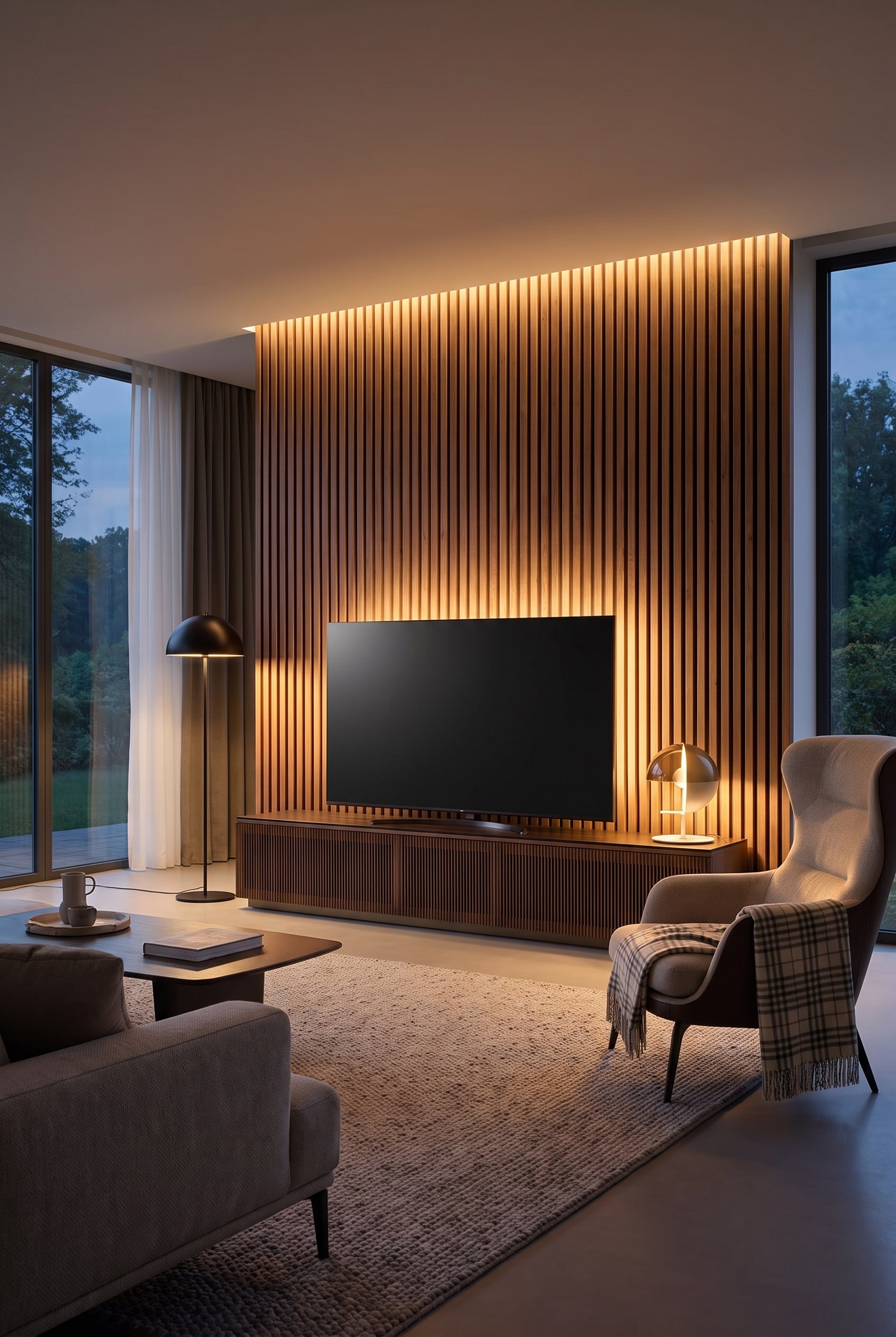 Am&eacute;nagement harmonieux du salon avec le meuble mural Livitalia C102 et un panneau arri&egrave;re TV &eacute;clair&eacute; indirectement, diffusant une douce lumi&egrave;re blanc chaud.