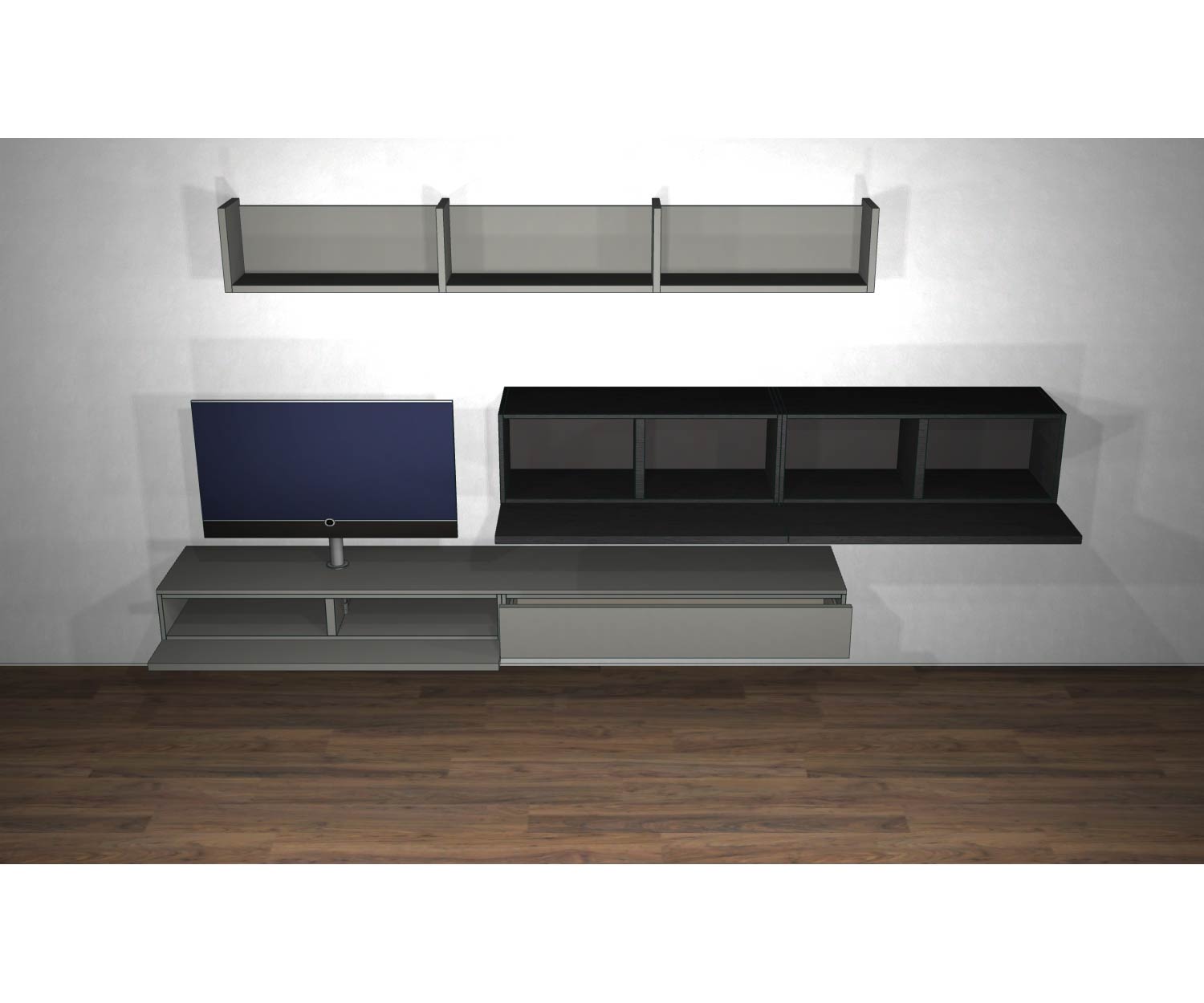 Livitalia Meuble-paroi design C60 Esquisse avec portes ouvertes et éléments blancs Livitalia Meuble-paroi design C60 Esquisse avec portes ouvertes et éléments blancs