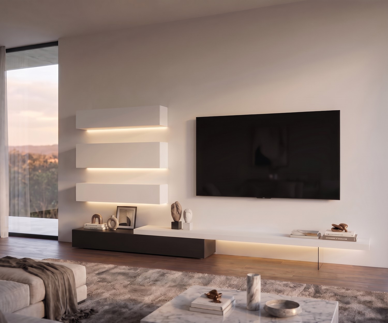 Ensemble mural Livitalia C107 avec éclairage LED et meuble TV lowboard. Design minimaliste noir et blanc pour salon.