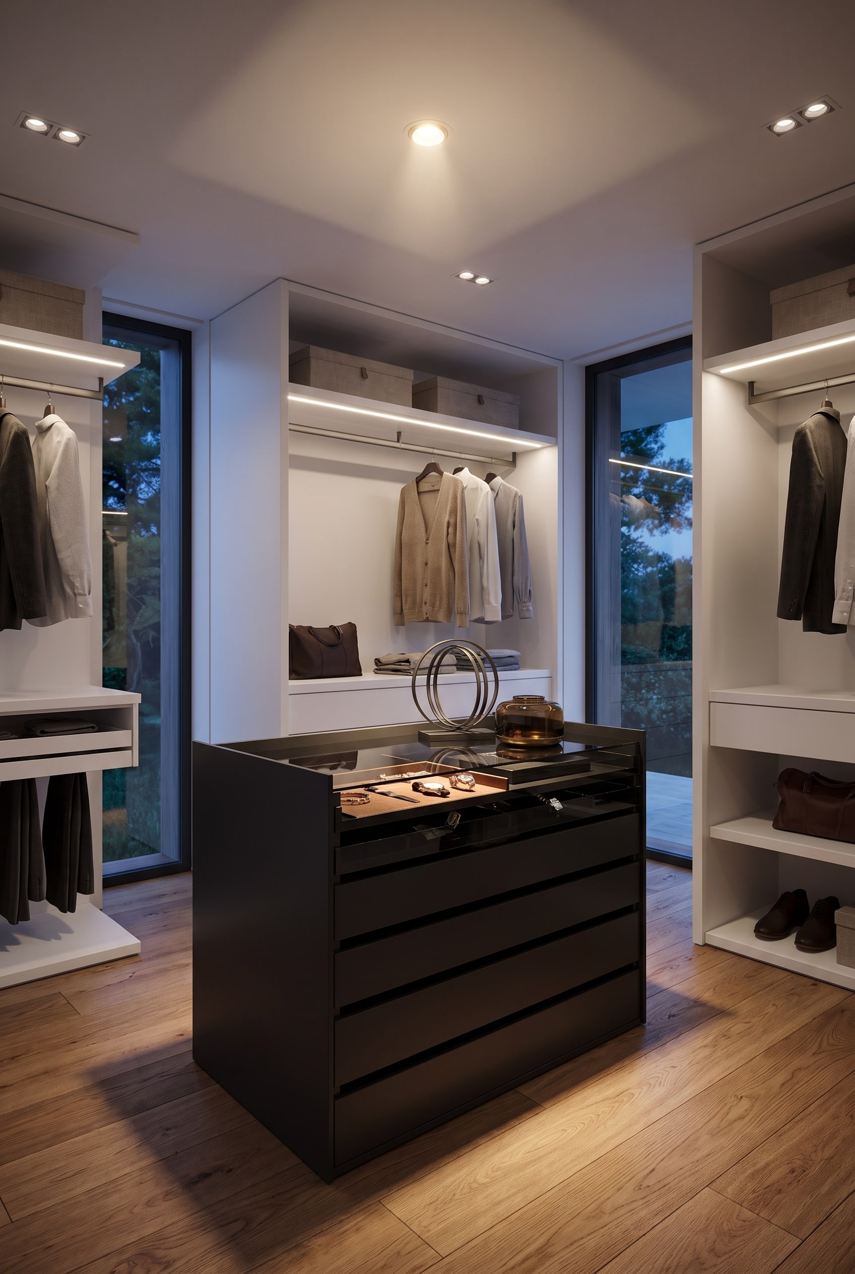 Mattschwarze freistehende Kleiderschrank-Insel in einem hellen, modernen Ankleidezimmer mit Holzboden.