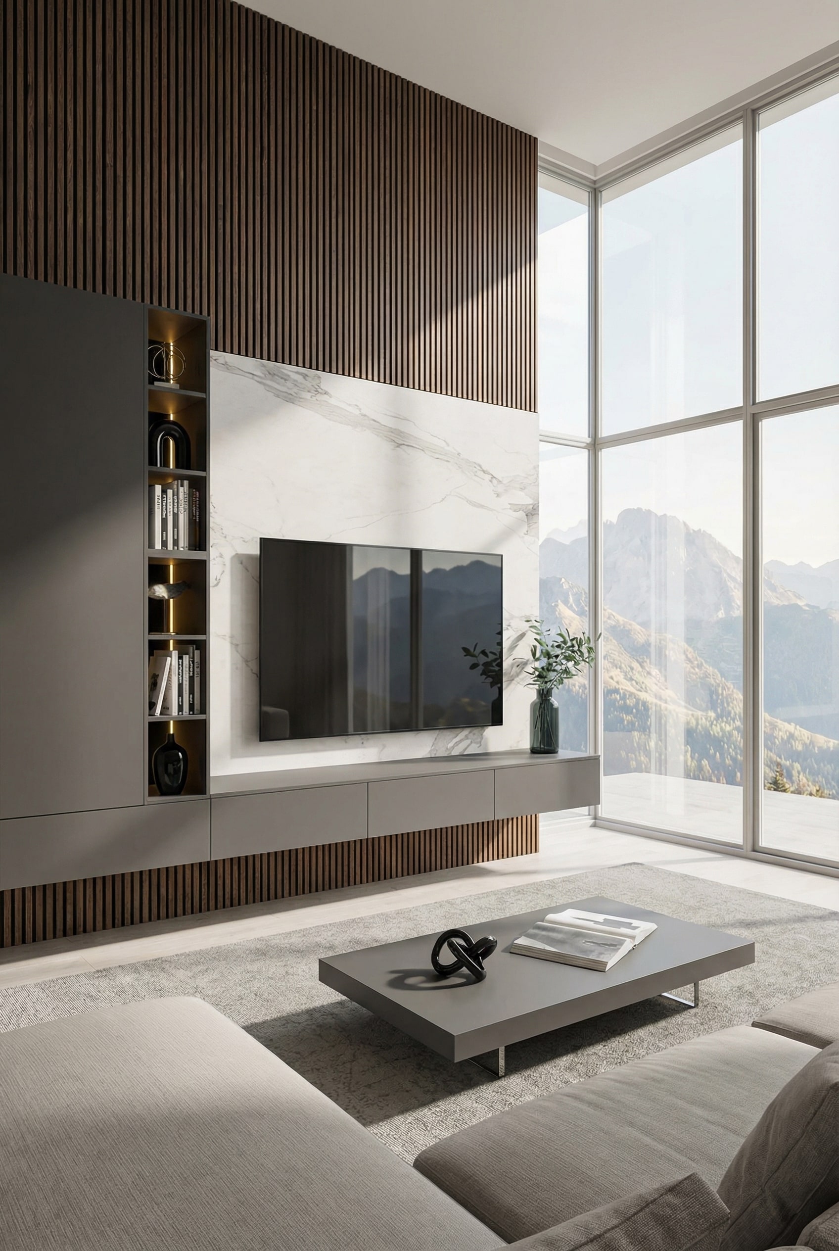 Meuble mural luxueux avec fa&ccedil;ades en c&eacute;ramique aspect marbre et lamelles de bois
