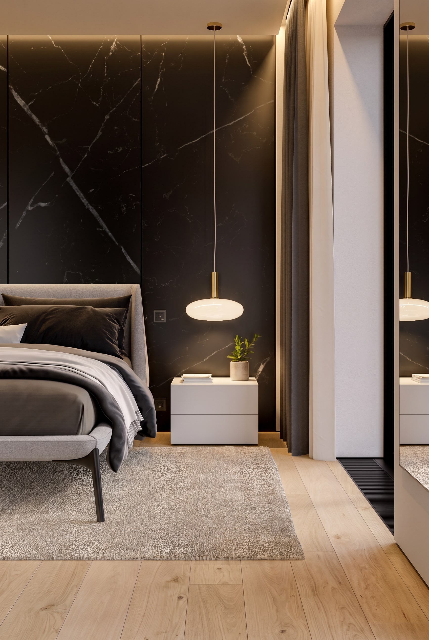 Schlafzimmer-Detail mit modernem weißen Nachttisch neben dem Bettrahmen und einem weichen Bettvorleger-Läufer auf dem Boden