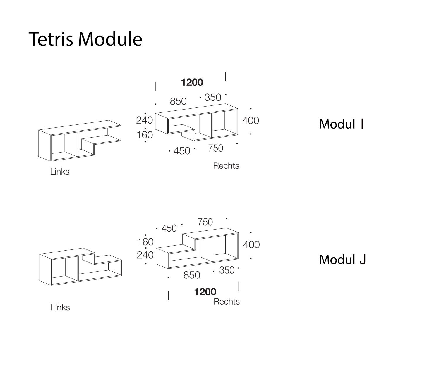 Tetris Designer Étagère Modules I et J Esquisse Dimensions