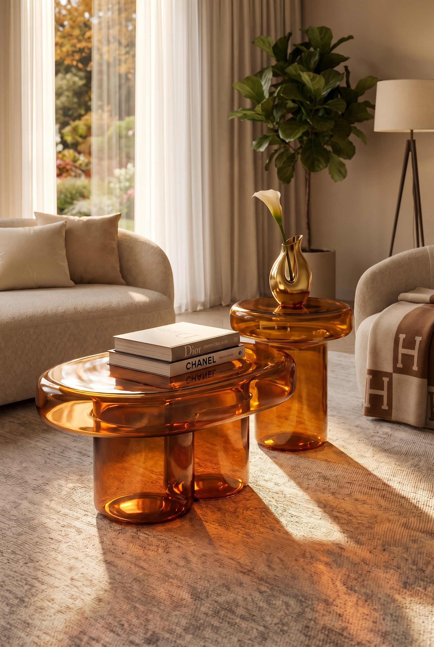 Table basse ovale en verre ambré reflétant la douce lumière du contre-jour dans le salon d'automne