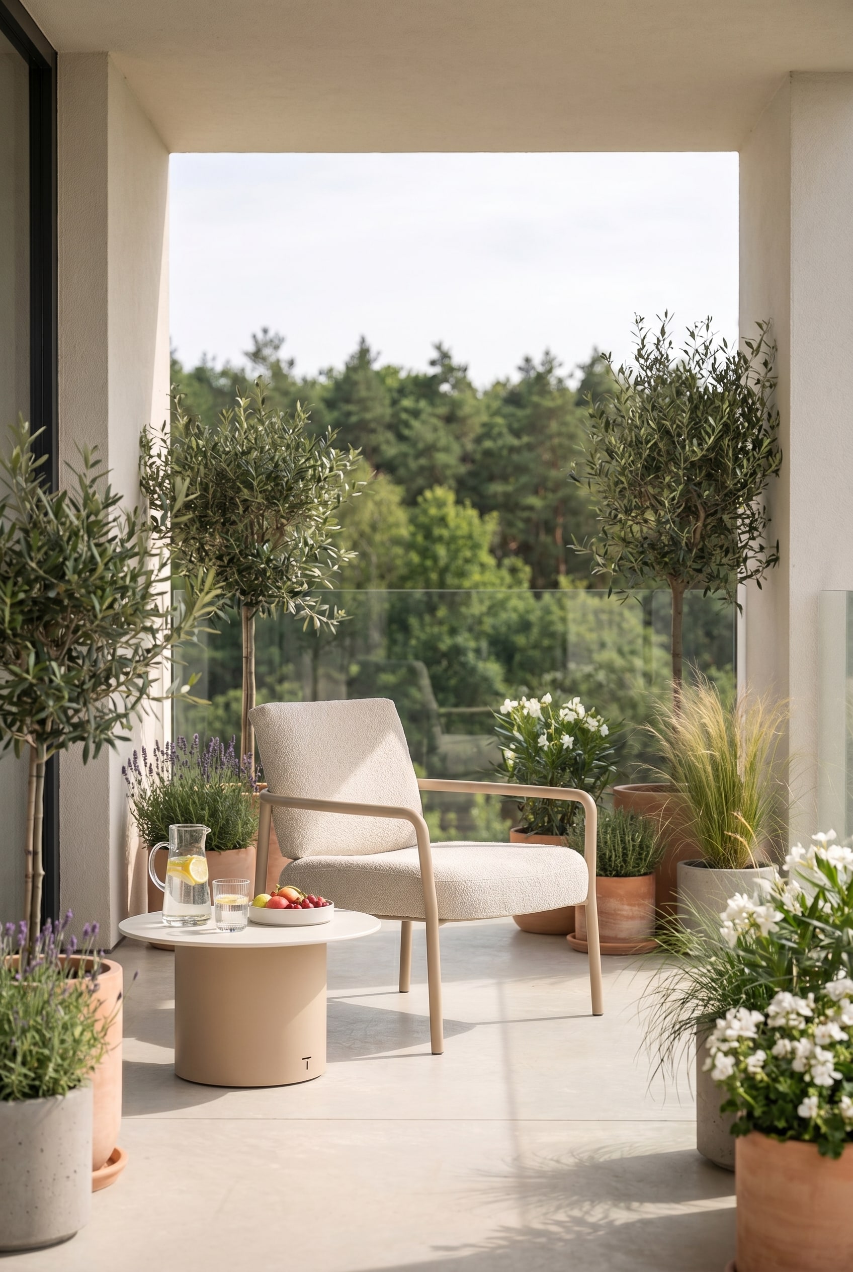Balcon étroit avec fauteuil d'extérieur filigrane en beige sur des dalles de béton claires