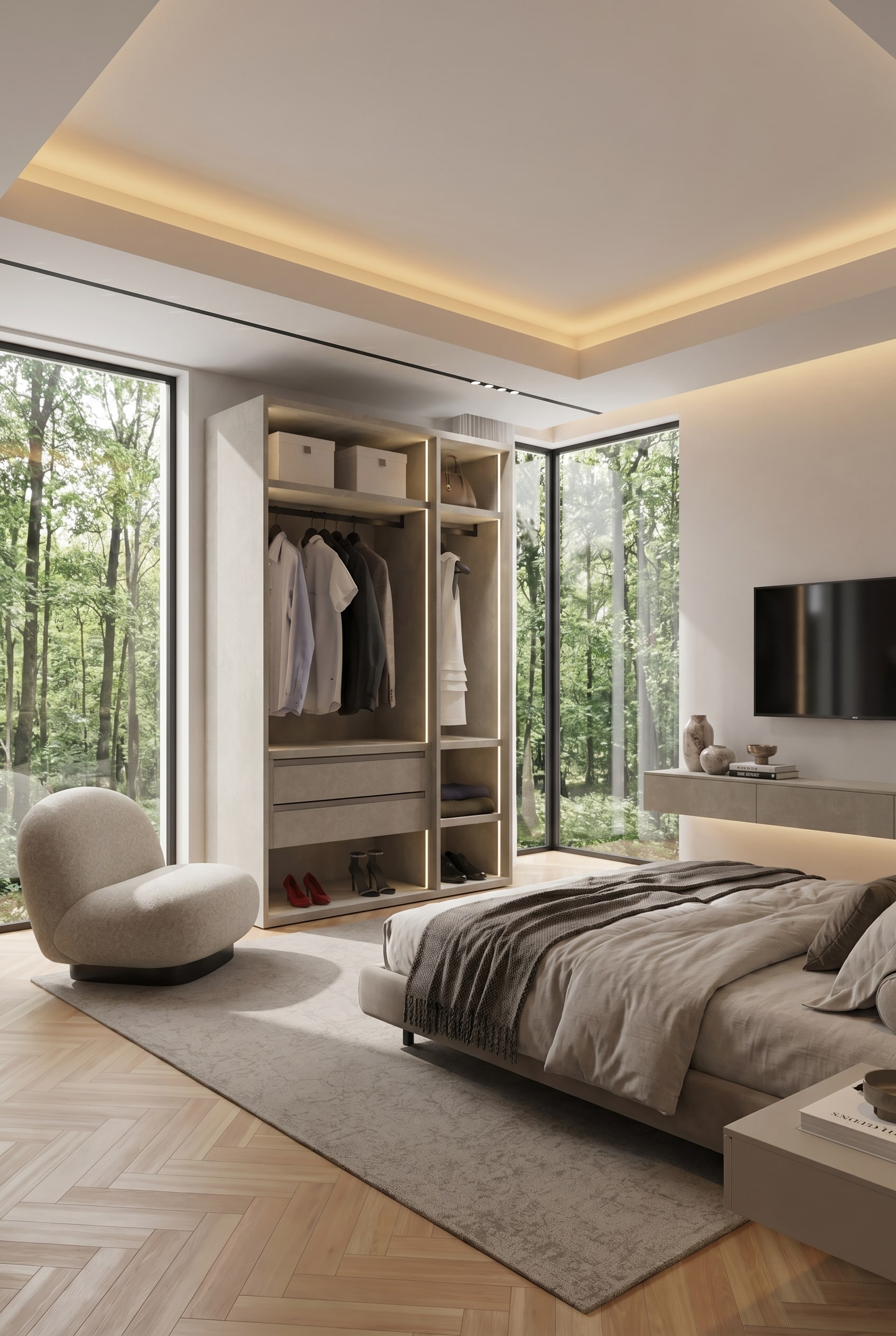 Boutique-Schlafzimmer mit offener Ankleide ohne Türen, beleuchteten Regalböden, einem hellen Sessel und einem dezenten Teppich auf Fischgrätparkett