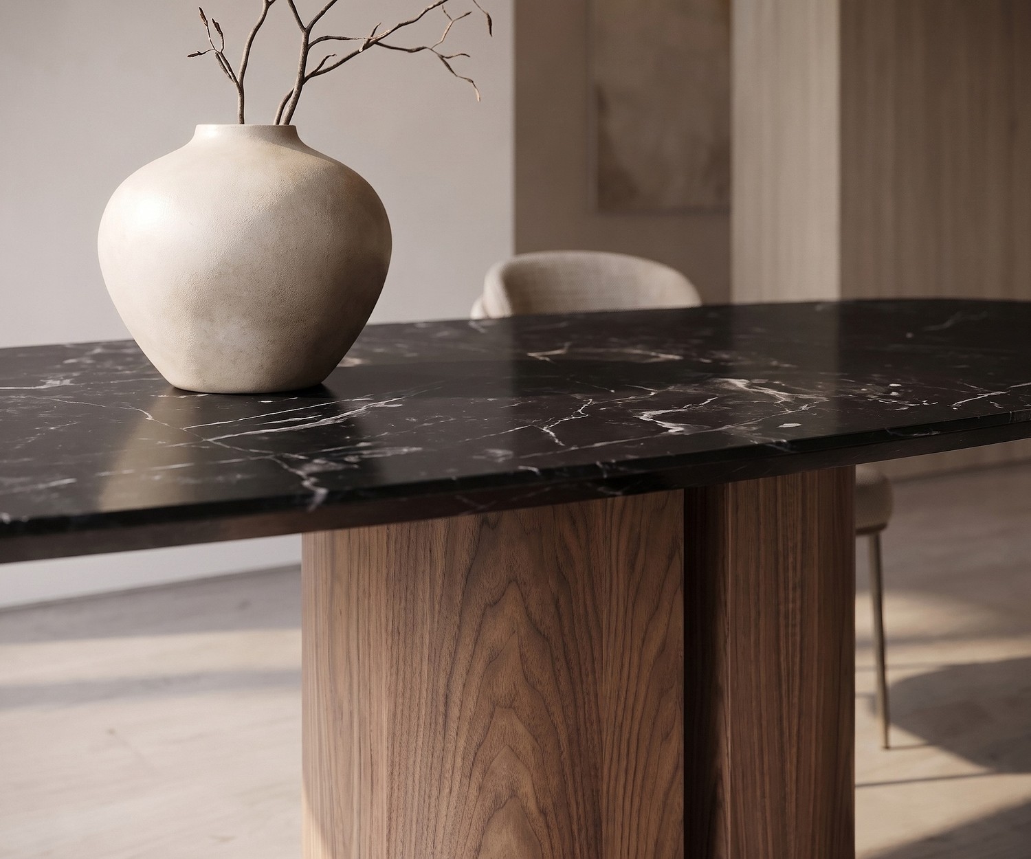 Table de repas al2 el-it c 001 pour salle à manger avec plateau en céramique marbre noir et piètement en bois.