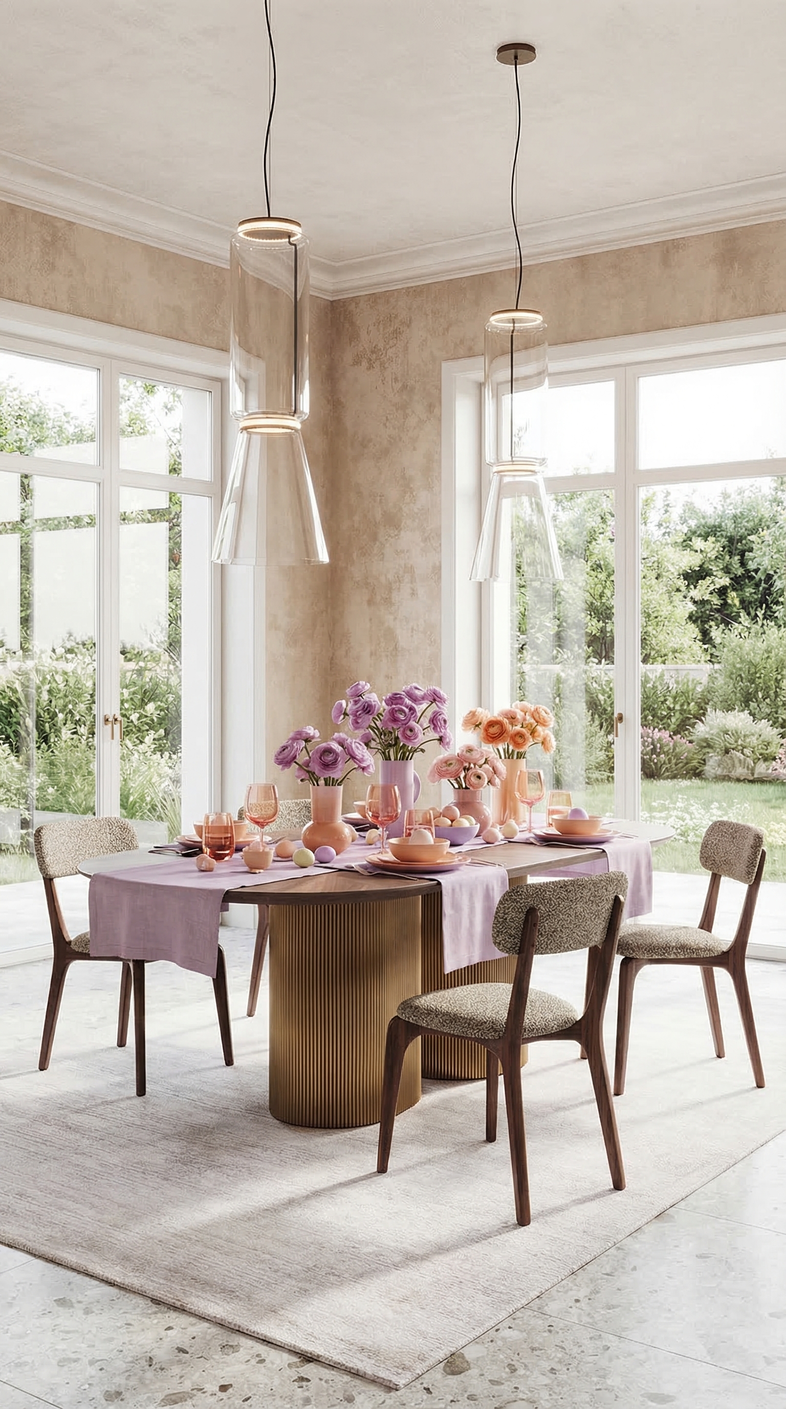 Une table &agrave; manger moderne dress&eacute;e dans les couleurs pastel lilas et p&ecirc;che avec des verres teint&eacute;s.