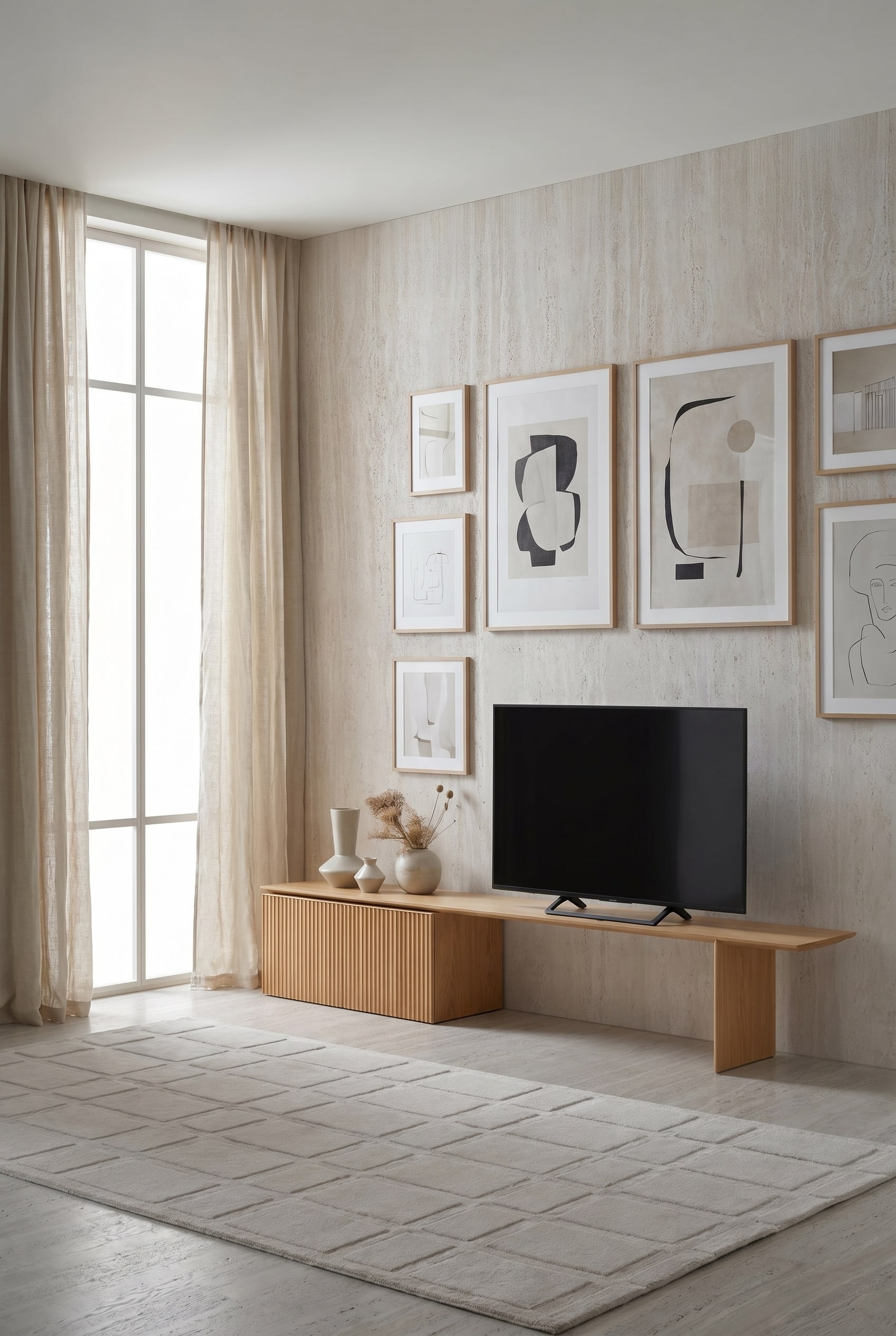 Asymmetrisches Sideboard aus hellem Holz mit Rillenstruktur vor Natursteinwand in lichtdurchflutetem Raum