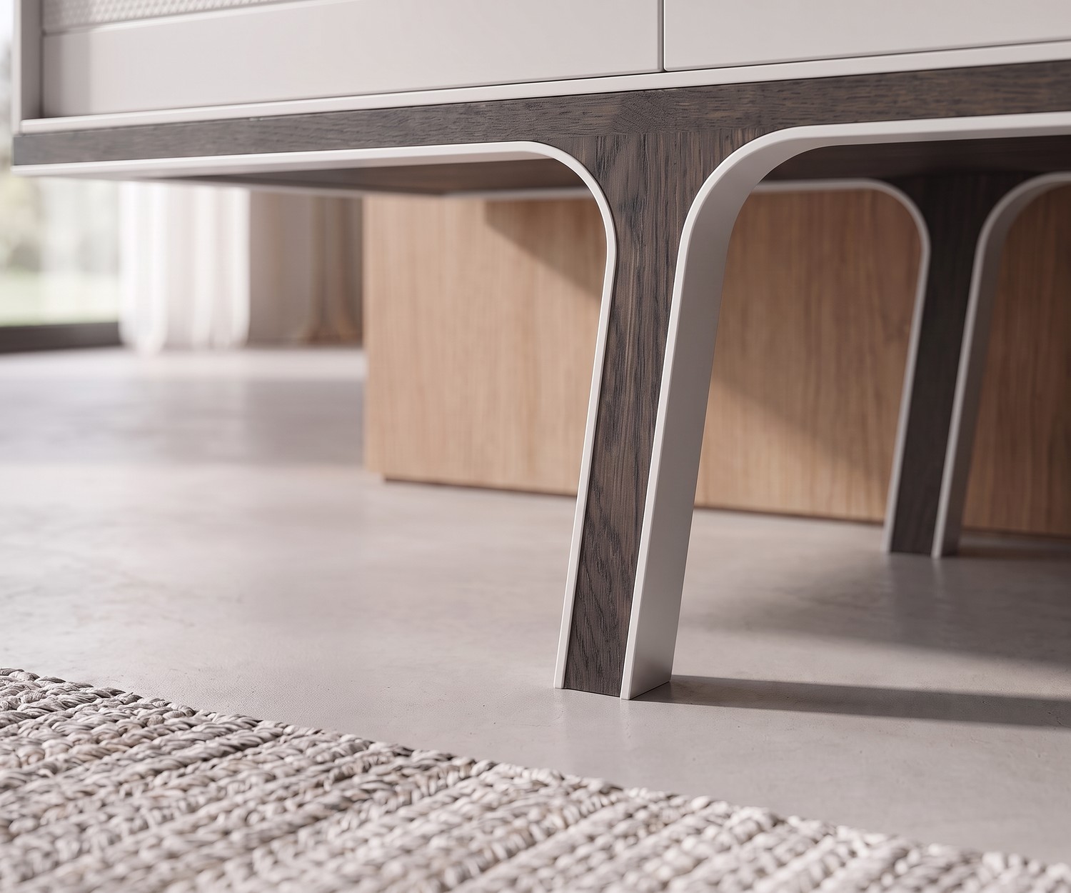 Buffet Mobius 002 par al2, gros plan sur les pieds en bois d'eucalyptus et bordure en métal blanc, style moderne.