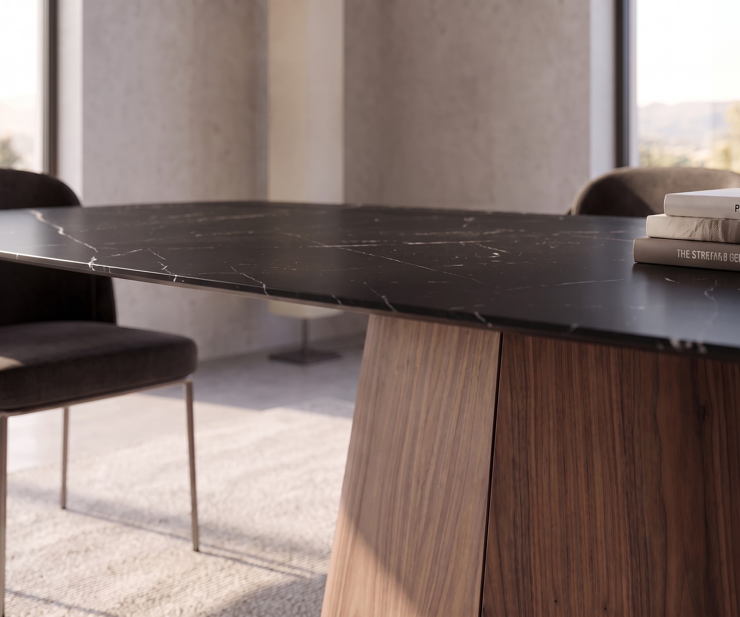 Esstisch al2 tessera 001 im Esszimmer mit schwarzer Keramik-Tischplatte in Marmor-Optik und Holz-Sockel im modernen Design.