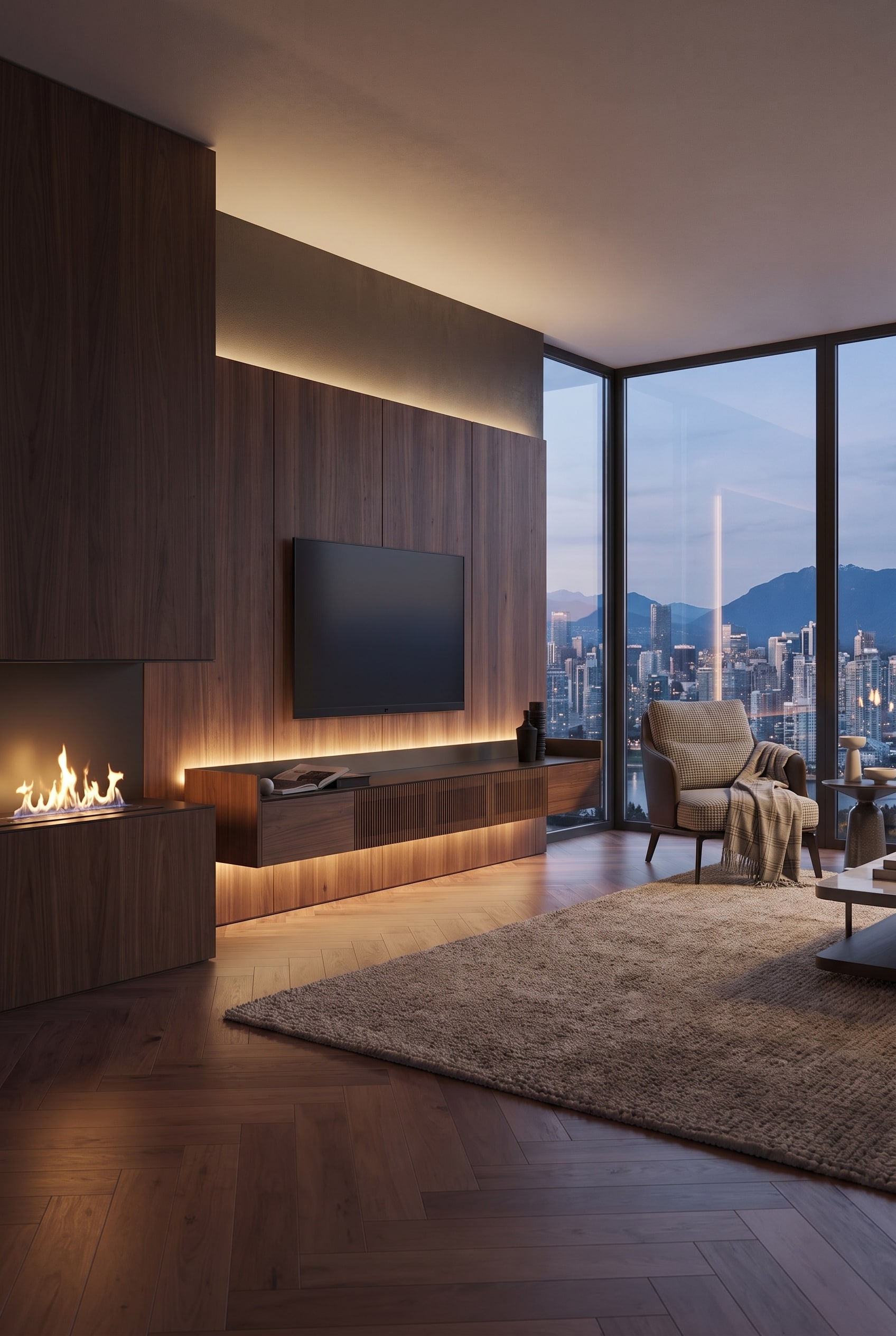 Salon aux tons sombres avec un meuble TV asym&eacute;trique en bois de noyer, une chemin&eacute;e int&eacute;gr&eacute;e et une t&eacute;l&eacute;vision &agrave; &eacute;cran plat