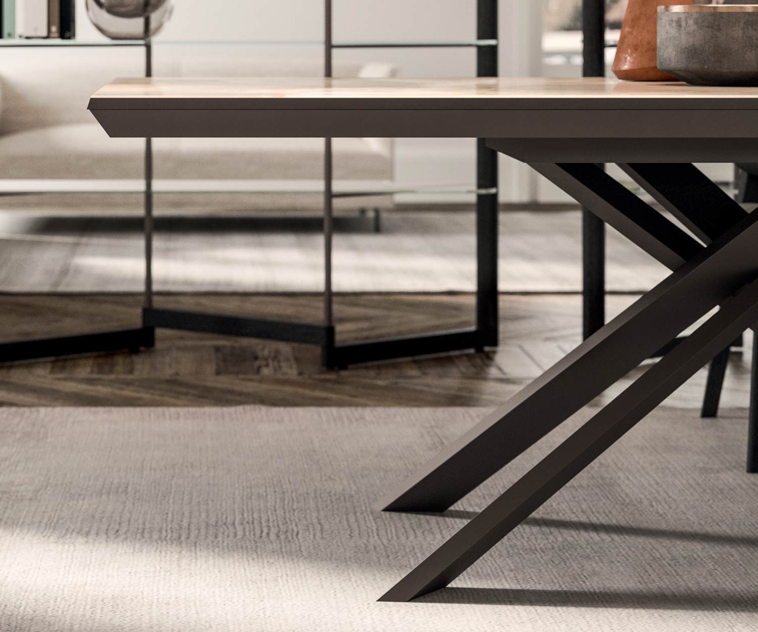 Detail der Tischkante Ozzio Designer Marmor Glas Esstisch Detail der Tischkante Ozzio Designer Marmor Glas Esstisch