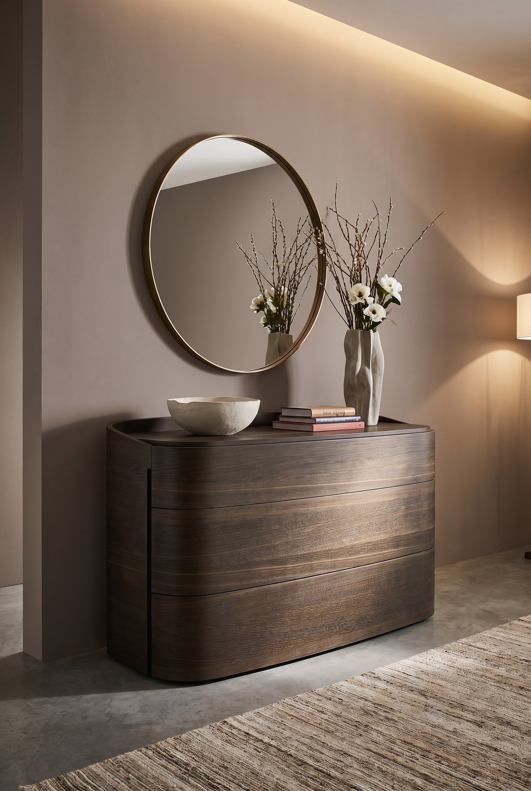 Commode statement rainurée en gris foncé profond dans le couloir devant un mur chaleureux, décorée d'une coupelle en céramique