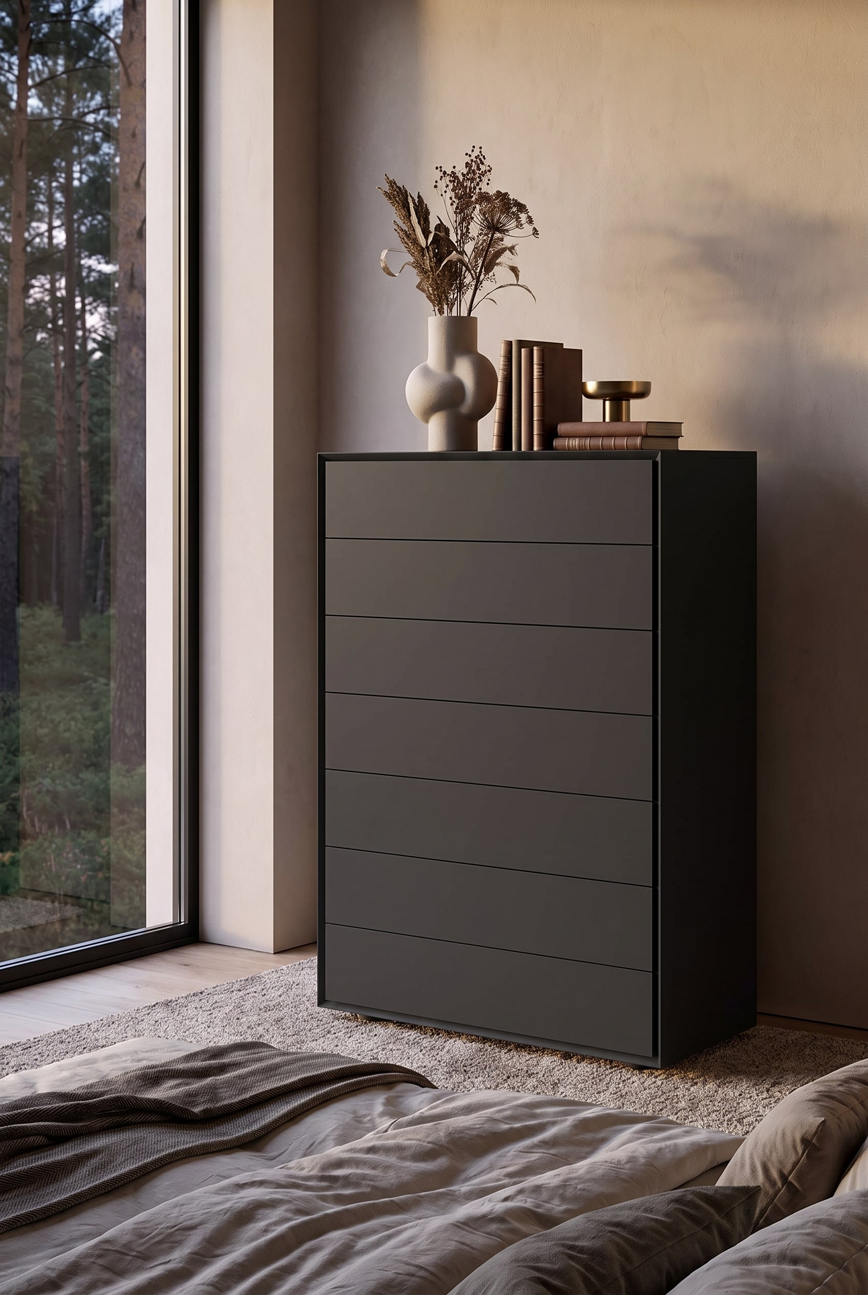 Commode haute en laque foncée avec des bords précis à 45 degrés, éclairée latéralement par la lumière du jour dans la chambre parentale