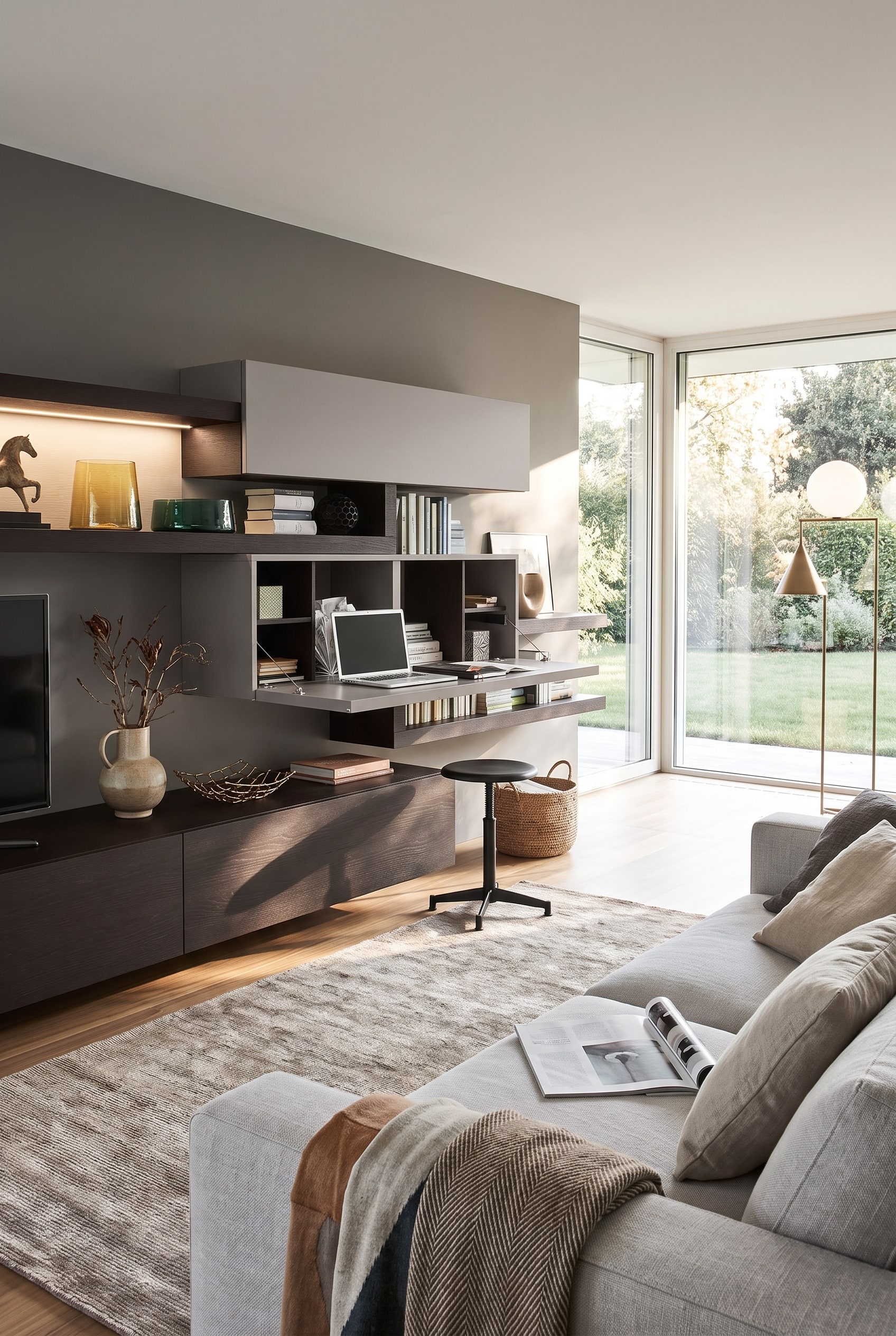 Armoire murale Livitalia Cartesio avec bureau d&eacute;pli&eacute; dans un espace de vie moderne et ouvert