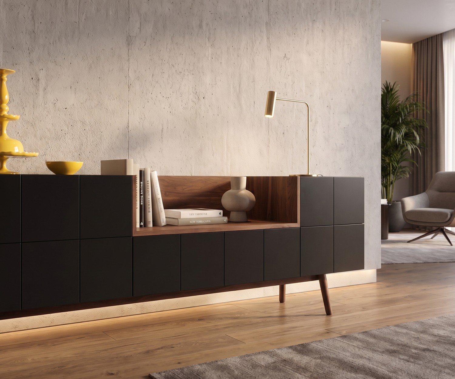 Modernes Design Sideboard al2 MOS-I-KO 003 A in Schwarz und Holz al2 Sideboard MOS-I-KO 003 A als elegantes Wohnzimmer-Möbel in Schwarz und Holz mit integrierter LED-Beleuchtung.