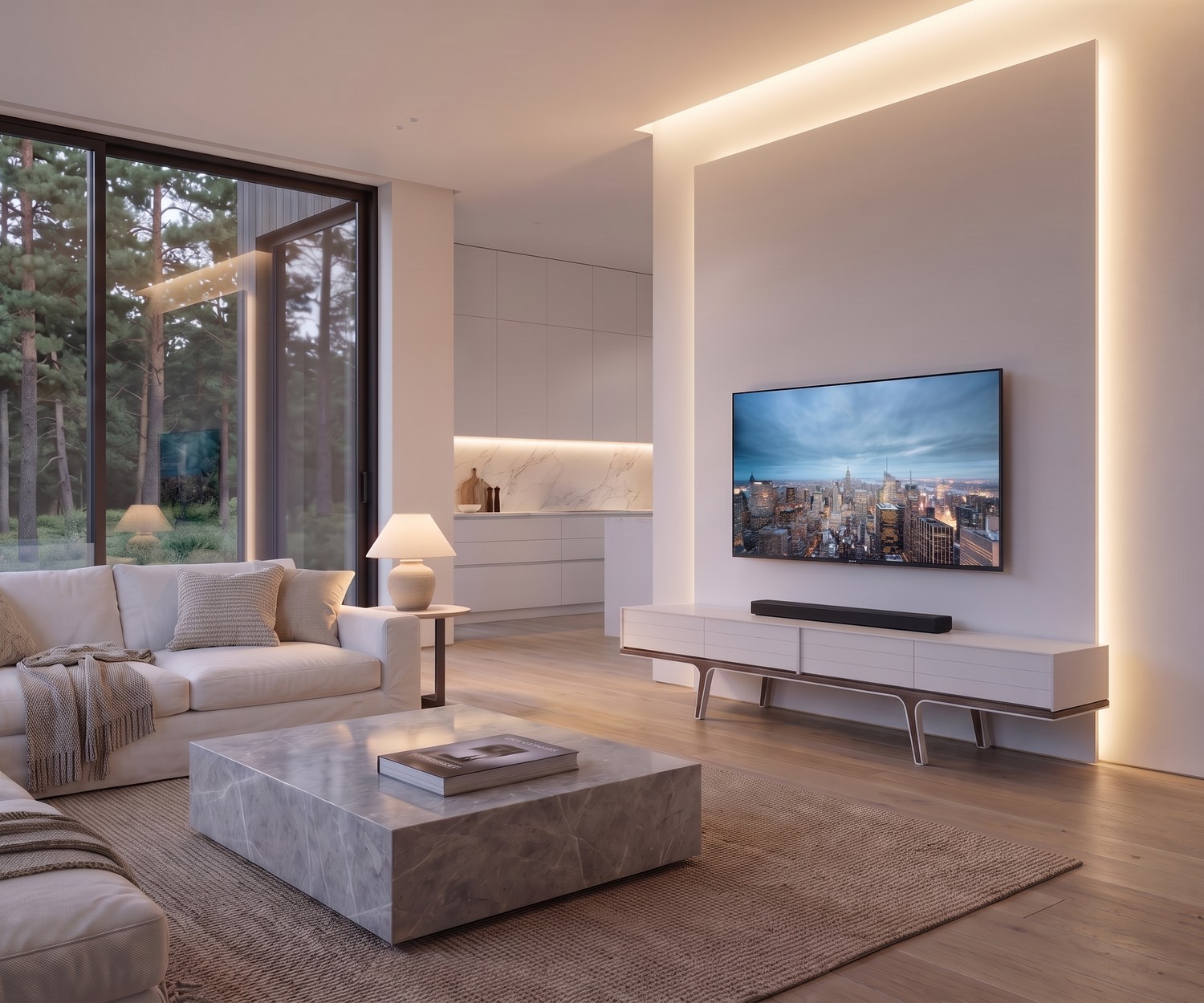 al2 Mobius 004 TV-Lowboard in Weiß im modernen Wohnzimmer unter dem Fernseher für stilvollen Stauraum.