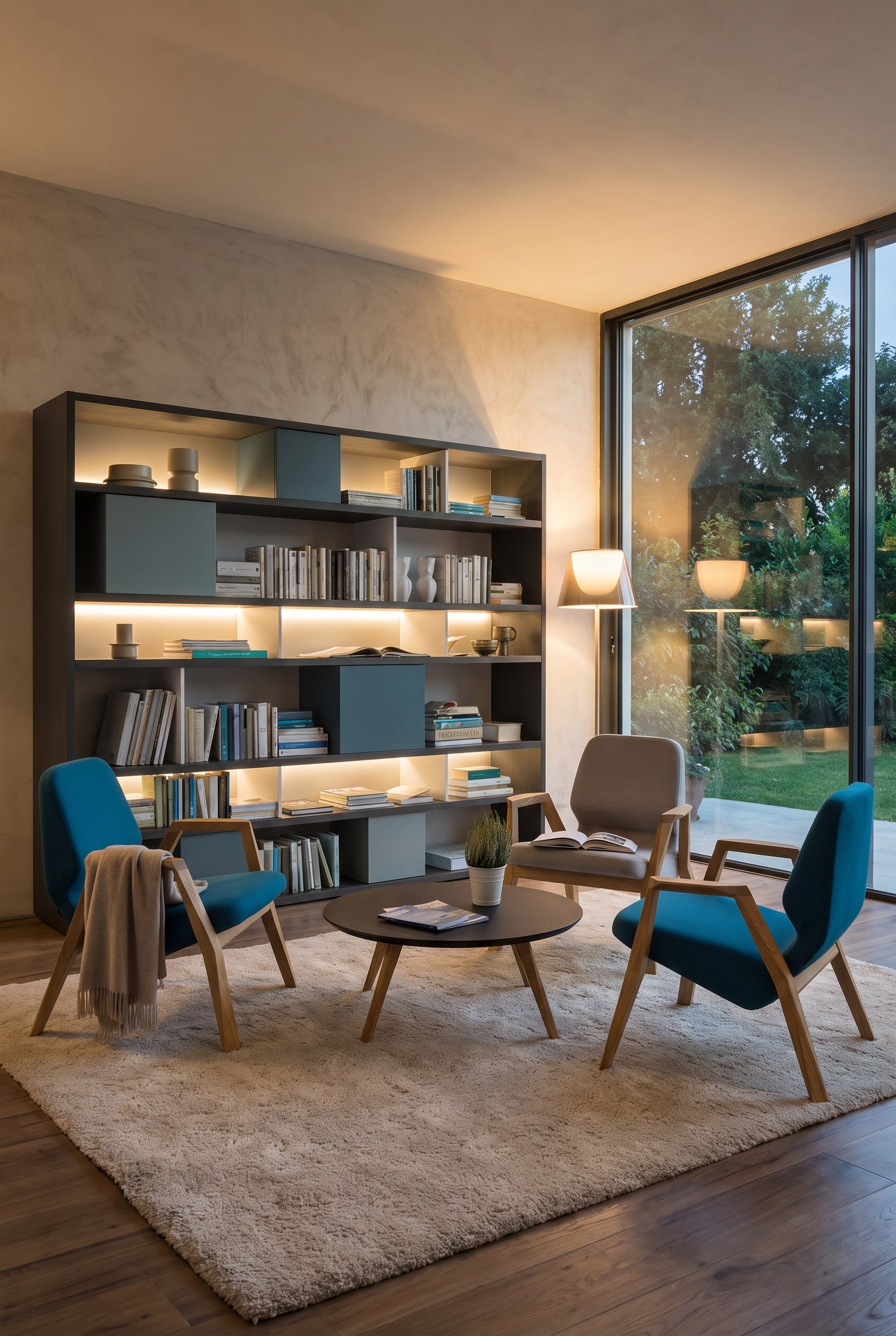 Fauteuil moderne avec d'&eacute;l&eacute;gants accoudoirs en bois &agrave; c&ocirc;t&eacute; d'une biblioth&egrave;que minimaliste