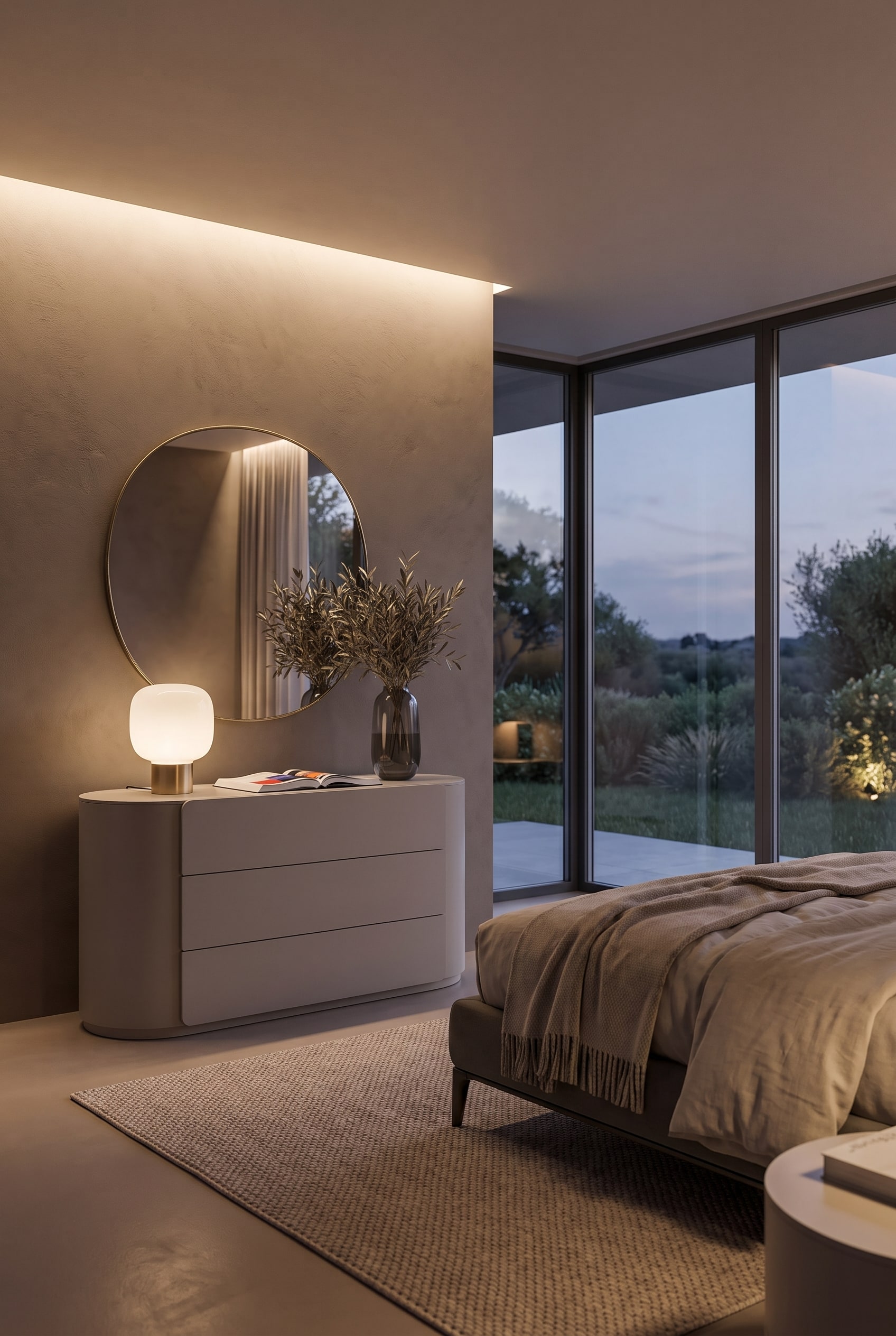 Commode arrondie dans la chambre au cr&eacute;puscule, doucement &eacute;clair&eacute;e par une lampe de table.