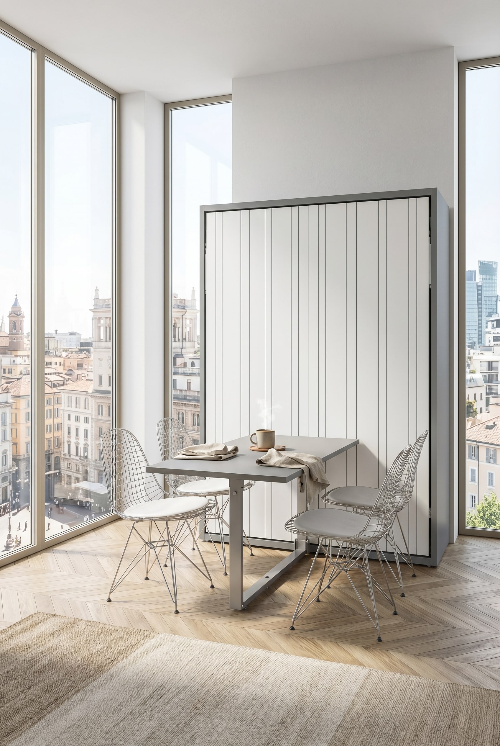 Une salle à manger élégante avec une grande table à manger, intelligemment intégrée dans la façade d'un lit mural fermé. Une salle à manger élégante avec une grande table à manger, intelligemment intégrée dans la façade d'un lit mural fermé.