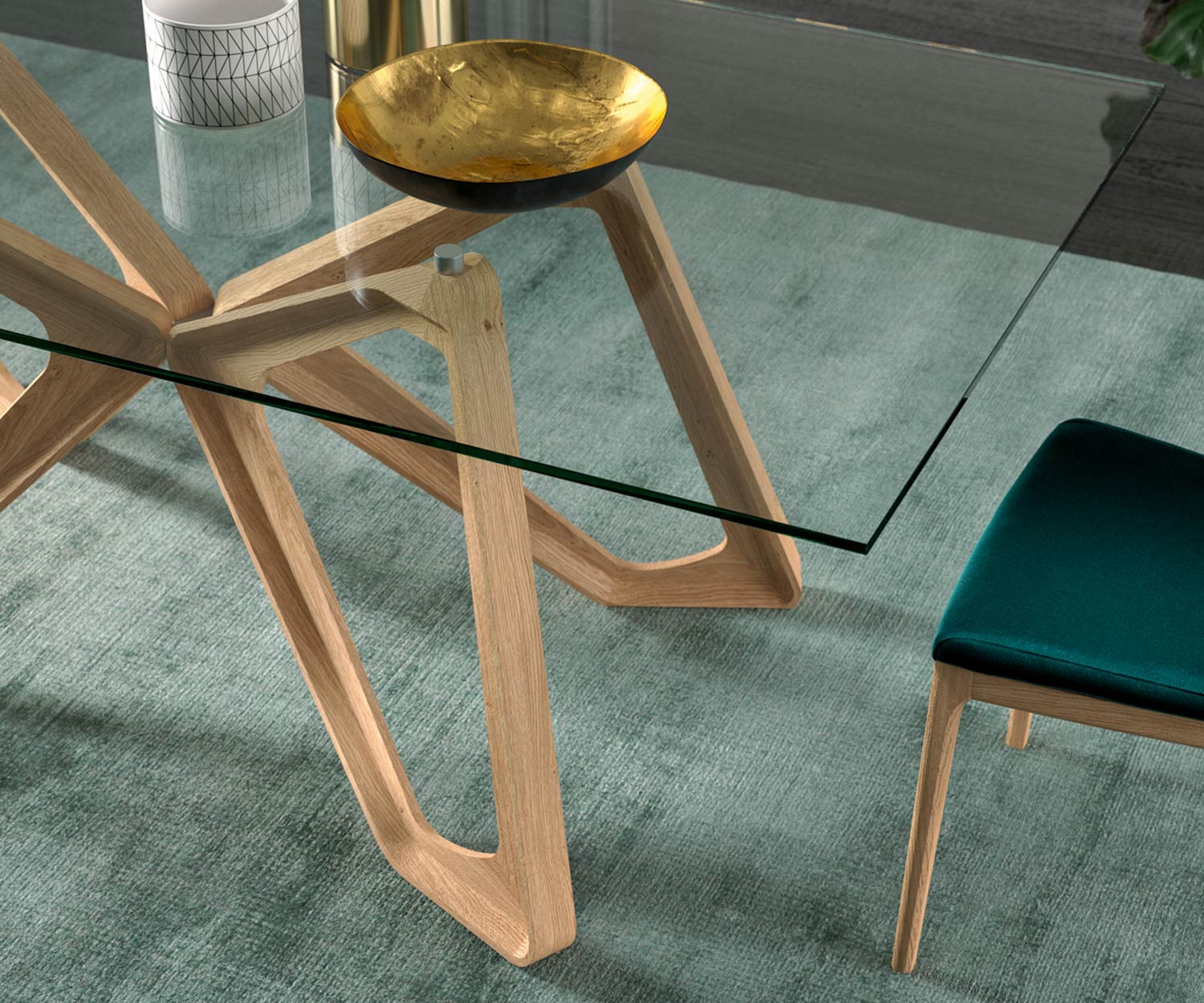 Table de salle à manger design de haute qualité Ozzio Détail du plateau de verre et des pieds de table verre transparent