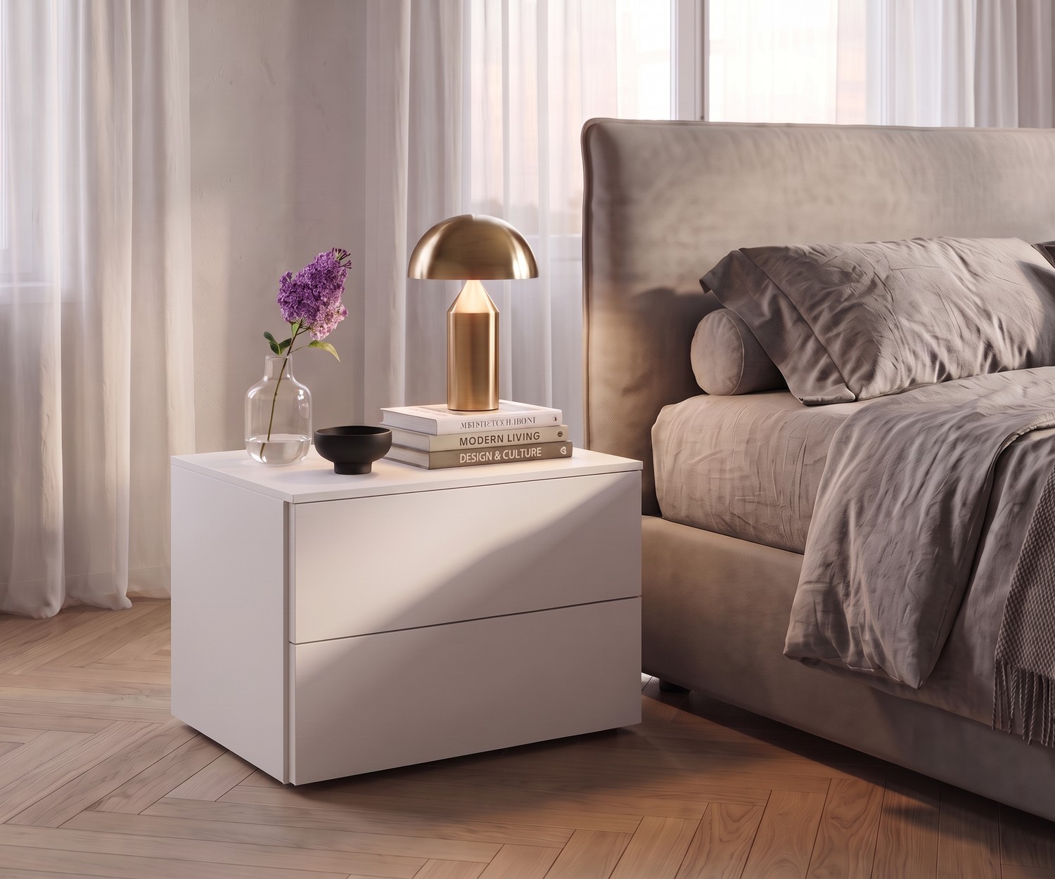 Table de chevet design blanc Livitalia Atena Table de chevet Livitalia Atena avec tiroirs pour la chambre, table de nuit blanche moderne à côté d'un lit beige