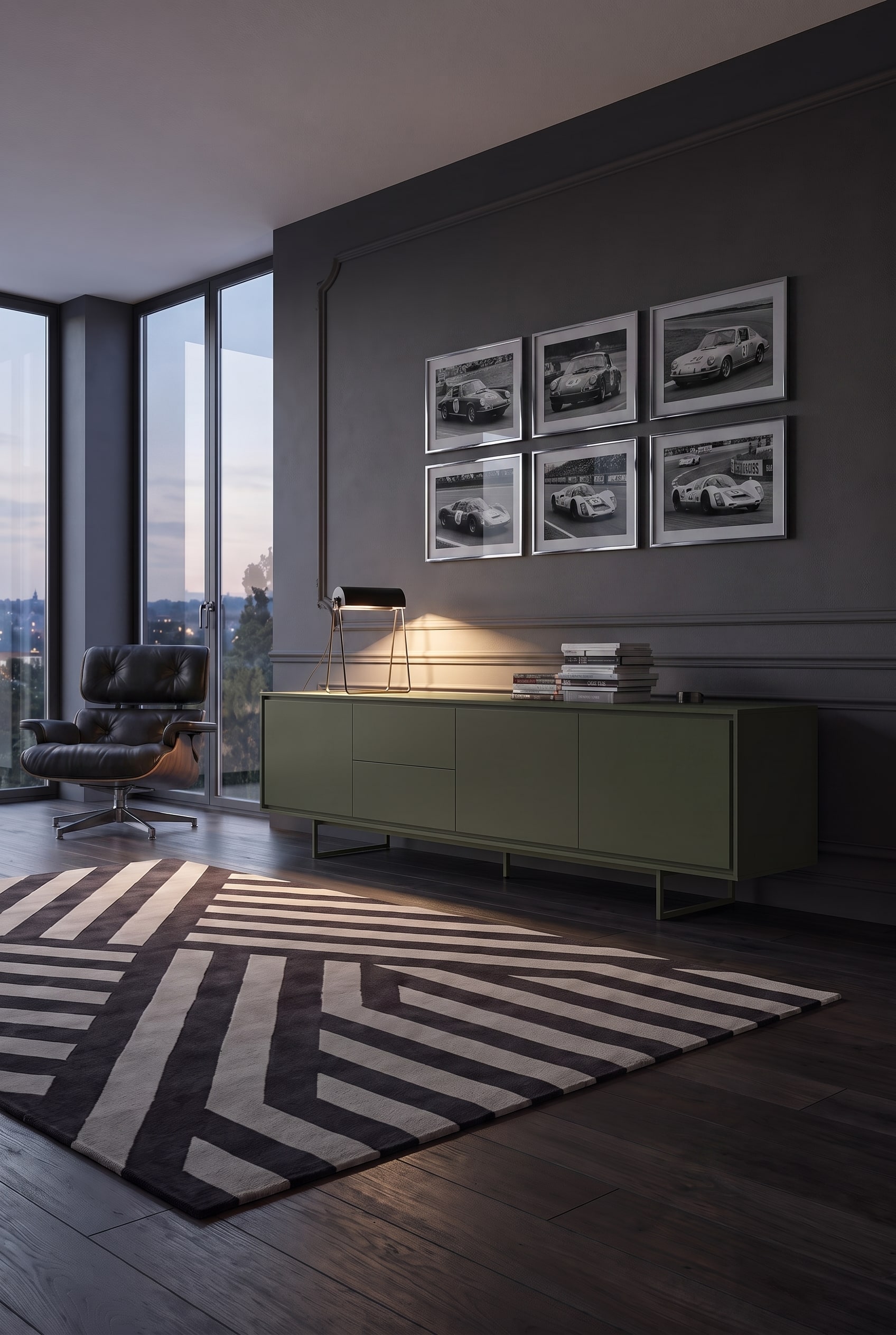 Olivgr&uuml;nes mattes Sideboard kombiniert mit schwarzem Mid-Century Ledersessel und silbernen Bilderrahmen mit Rennauto-Motiven.