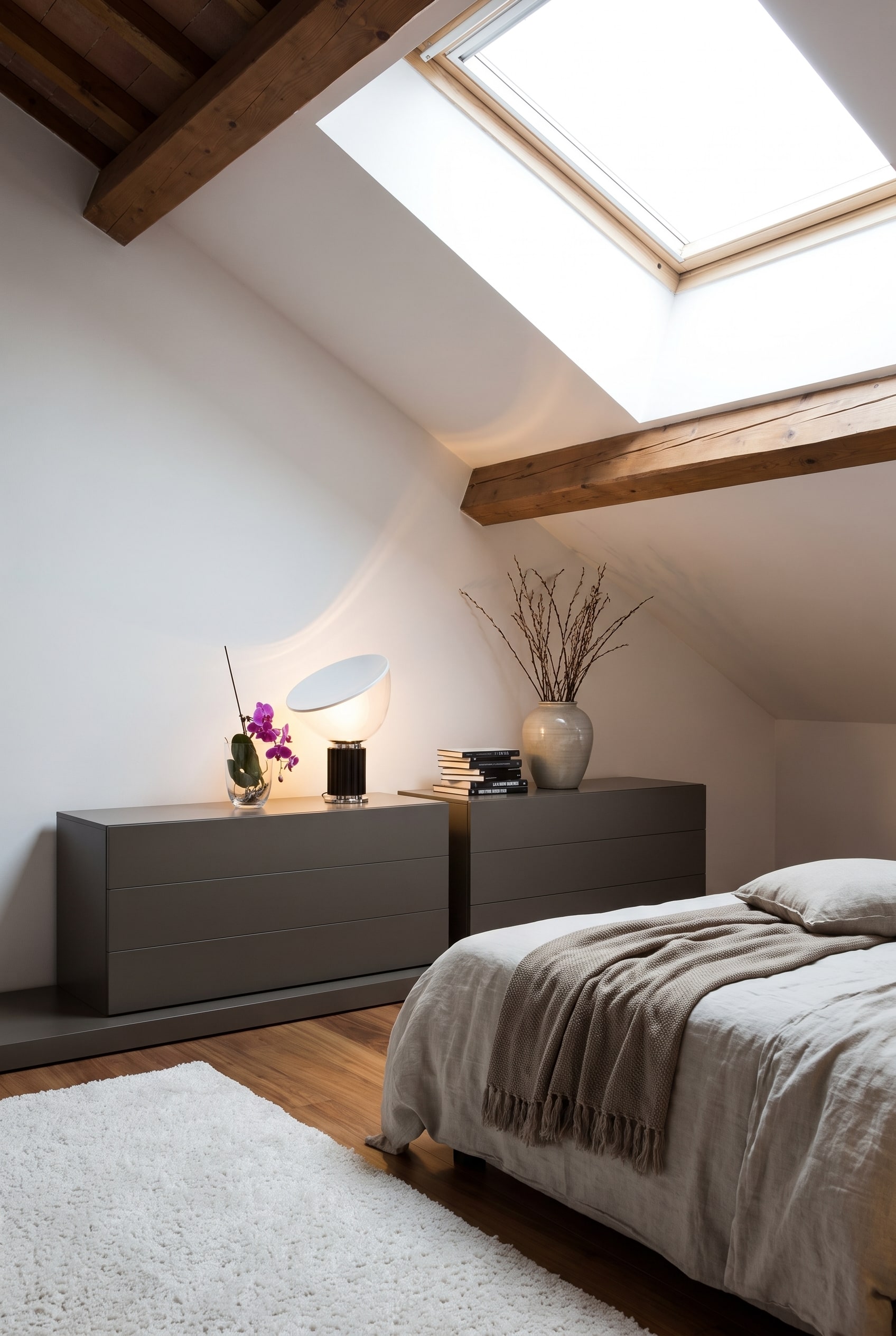 Une commode Novamobili Easy large à trois tiroirs, placée de manière peu encombrante sous une sous-pente et discrètement décorée