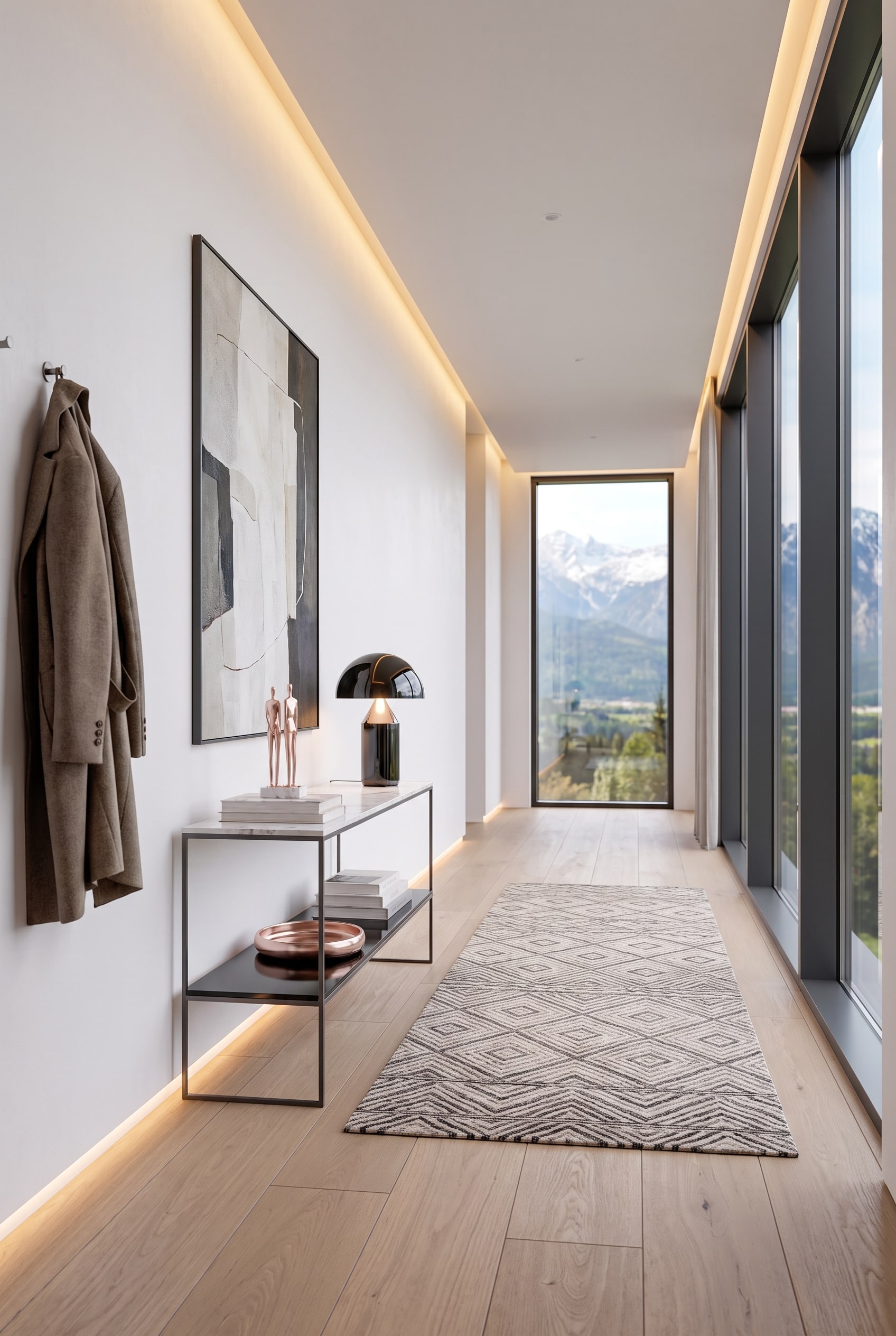 Entrée moderne avec console en métal foncé et plateau en marbre, surmontée d'une lampe sculpturale, avec de grandes fenêtres en arrière-plan