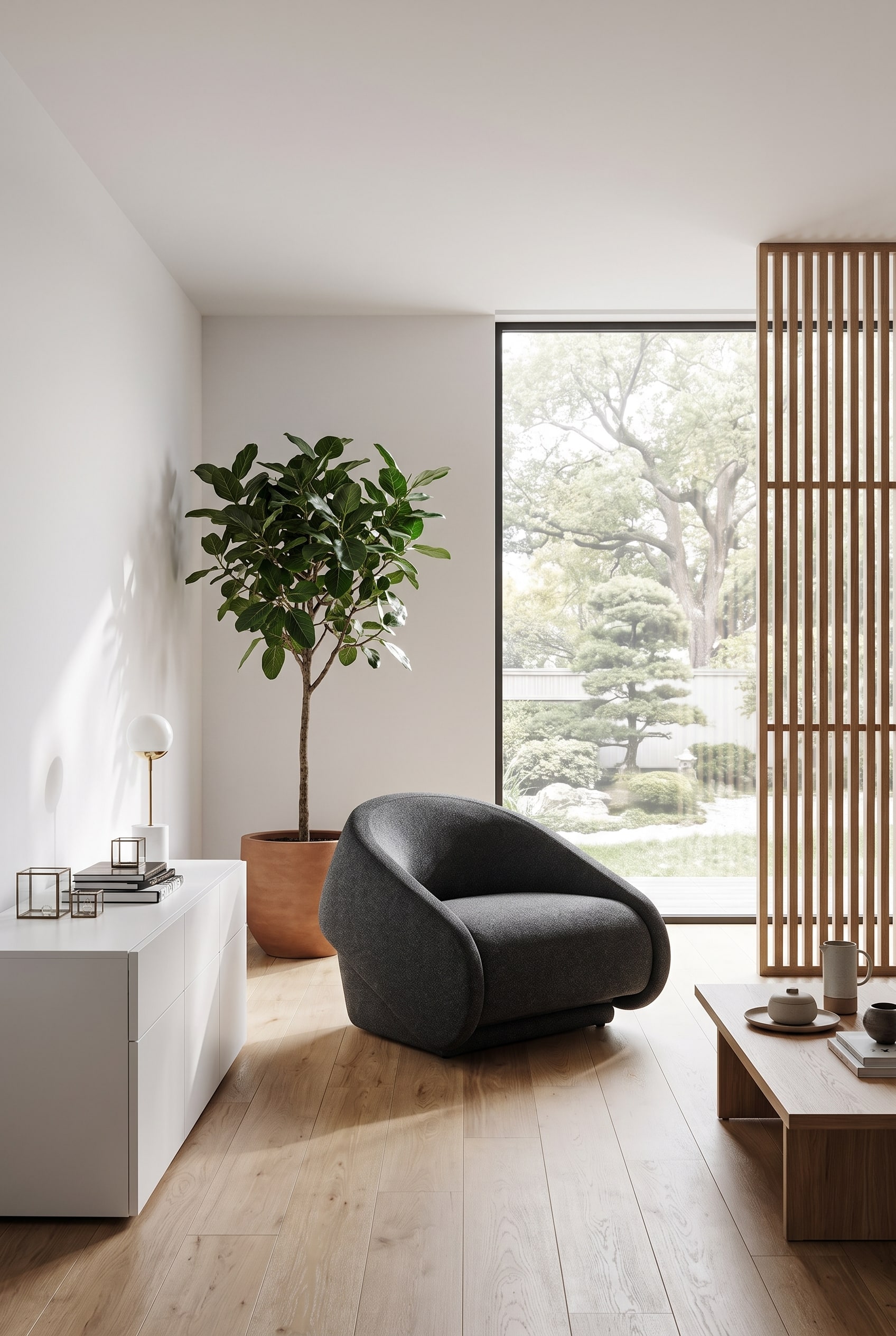 Aufgeräumtes Zimmer mit einem monolithischen, anthrazitfarbenen Schlafsessel und minimalistischer Deko