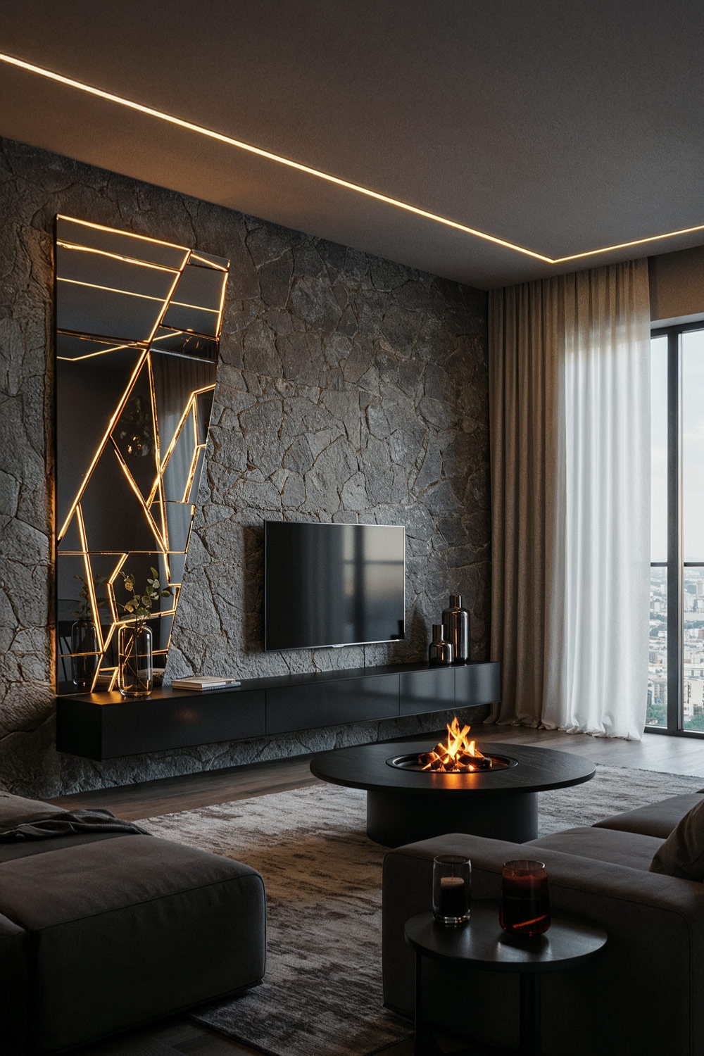 dunkle-wandgestaltung-mit-schwarzen-dekorationen-sowie-lowboard-und-weiteren-moebeln-in-dunklen-nuancen