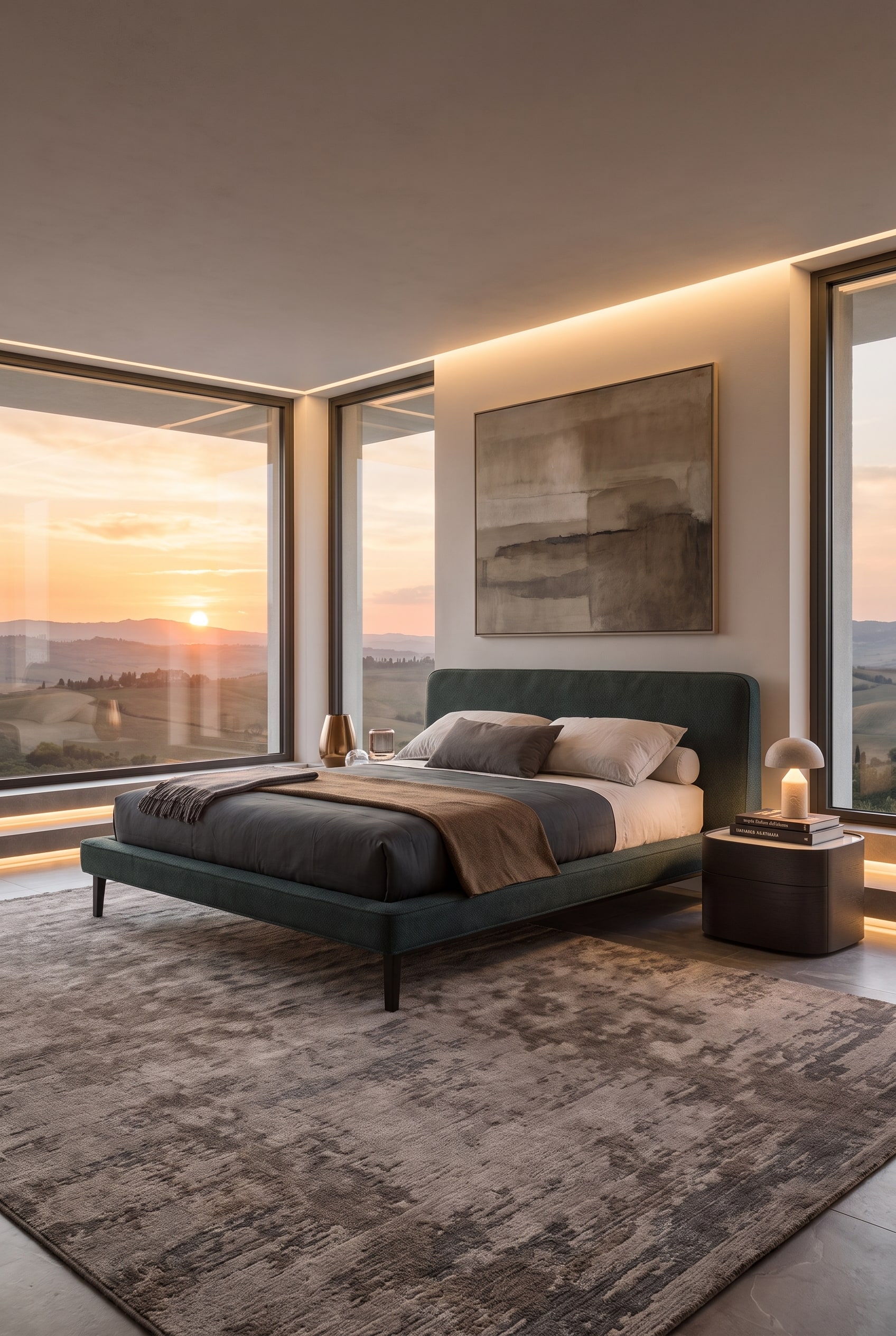 Chambre moderne avec lit rembourr&eacute; Novamobili &agrave; t&ecirc;te de lit haute sous une douce lumi&egrave;re du jour