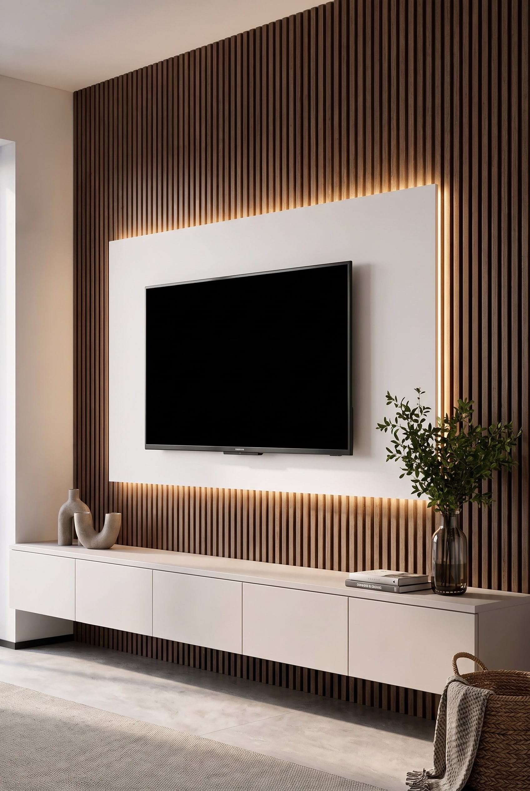 Wohnzimmer mit dunklem TV-Wandpaneel aus Holz, unsichtbar integriertem Fernseher und Blick in den Garten