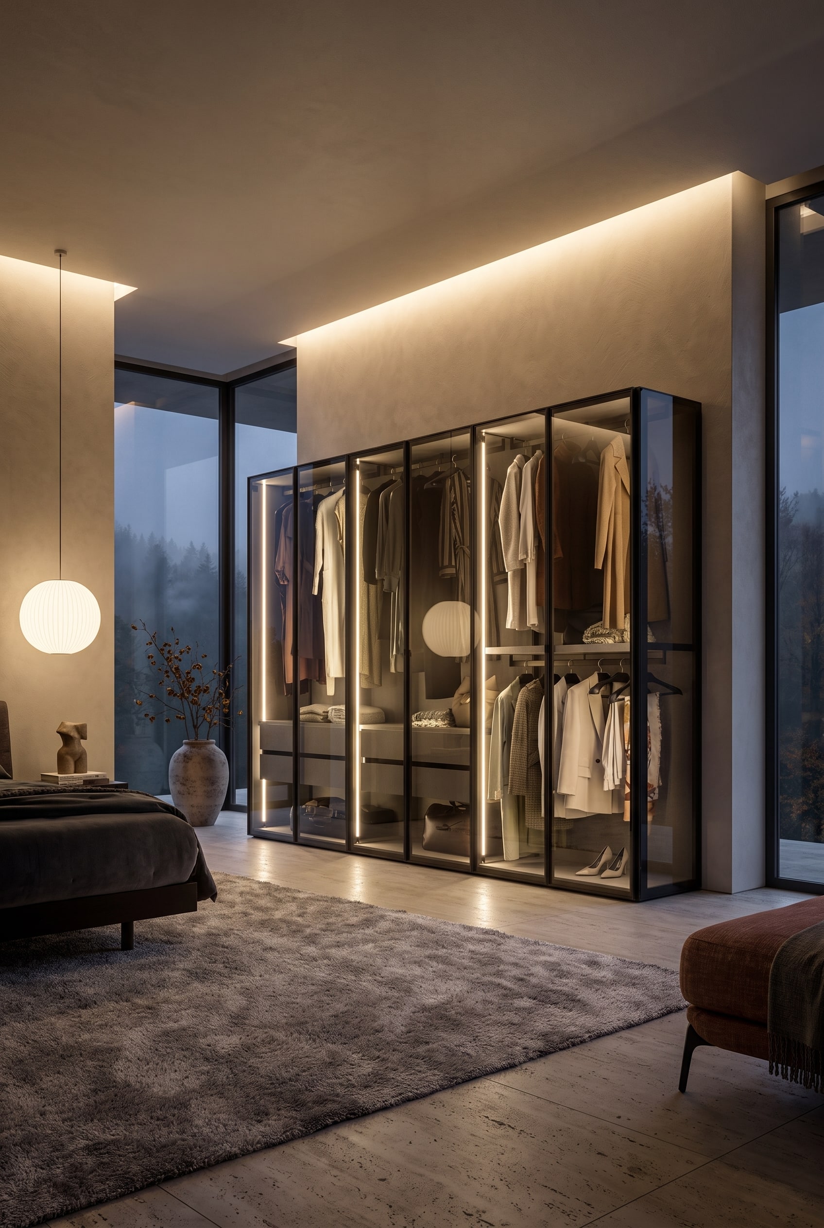 Vue d&eacute;taill&eacute;e &agrave; l'int&eacute;rieur de l'armoire avec une &eacute;tag&egrave;re en bois massif et un &eacute;clairage indirect blanc chaud sur les v&ecirc;tements