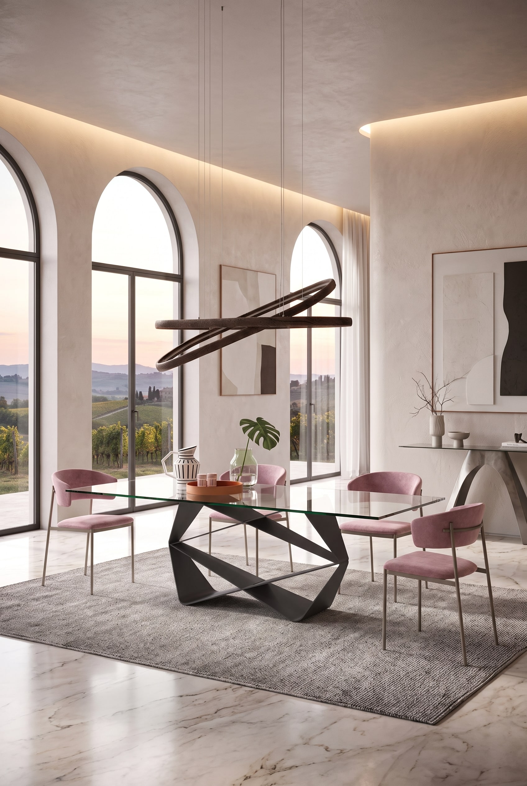 Salle à manger lumineuse avec une table à manger en verre transparent, un piètement croisé remarquable et quatre chaises rembourrées roses