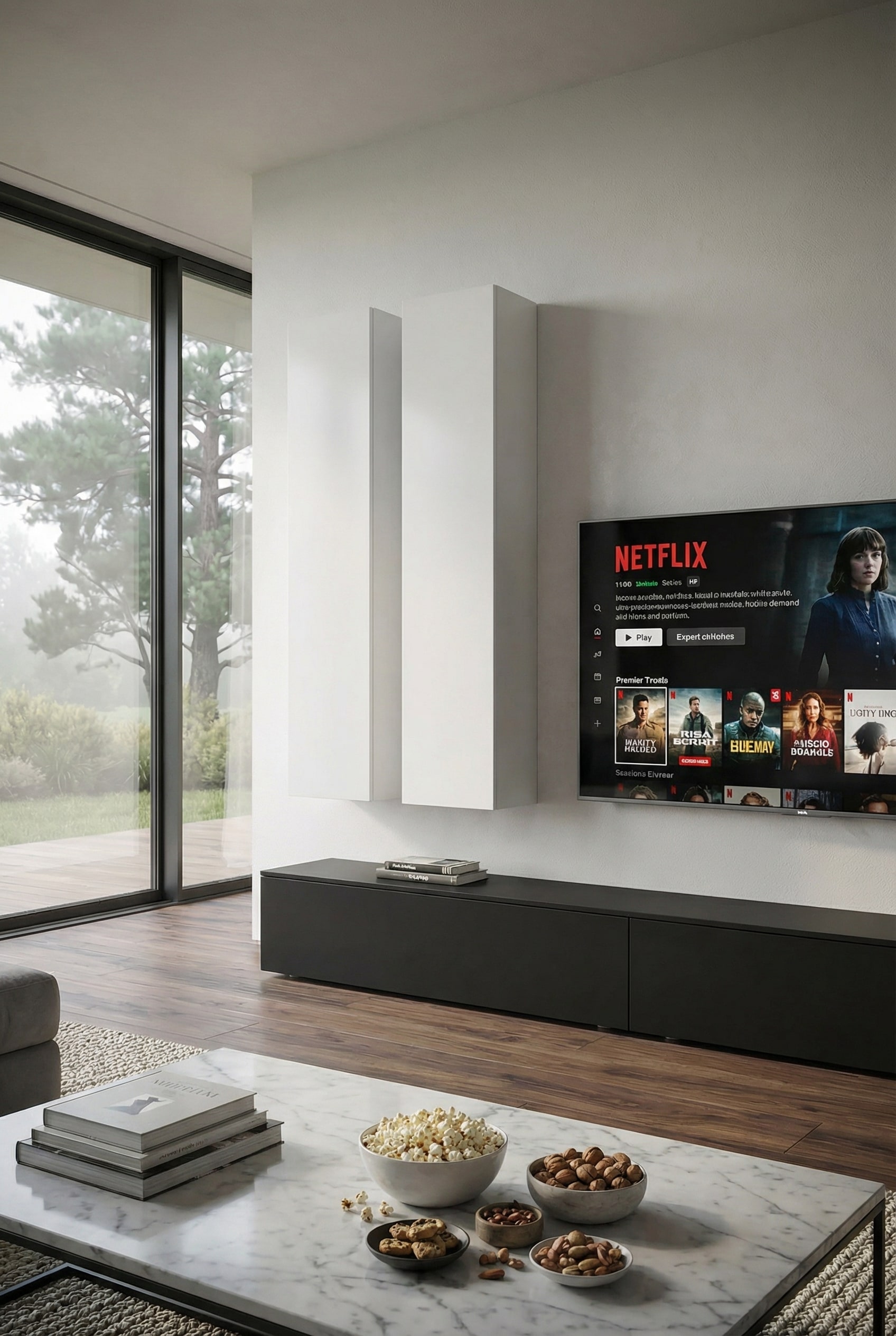 Meuble TV minimaliste avec beaucoup d'espace négatif sur le mur Meuble TV minimaliste avec beaucoup d'espace négatif sur le mur
