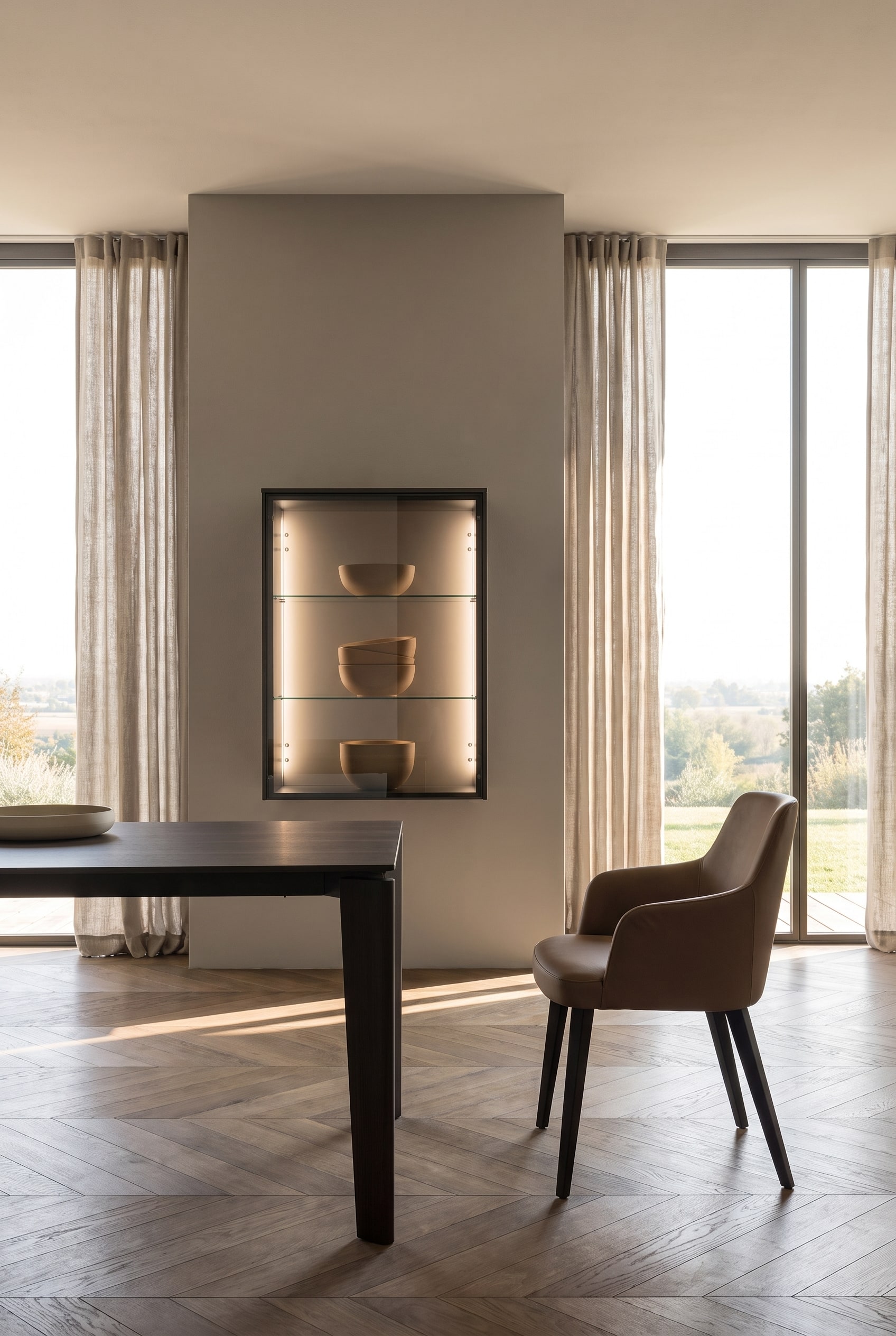 Vitrine suspendue en verre fum&eacute; avec des bols en c&eacute;ramique mats d&eacute;coratifs dans un int&eacute;rieur chaleureusement &eacute;clair&eacute;.