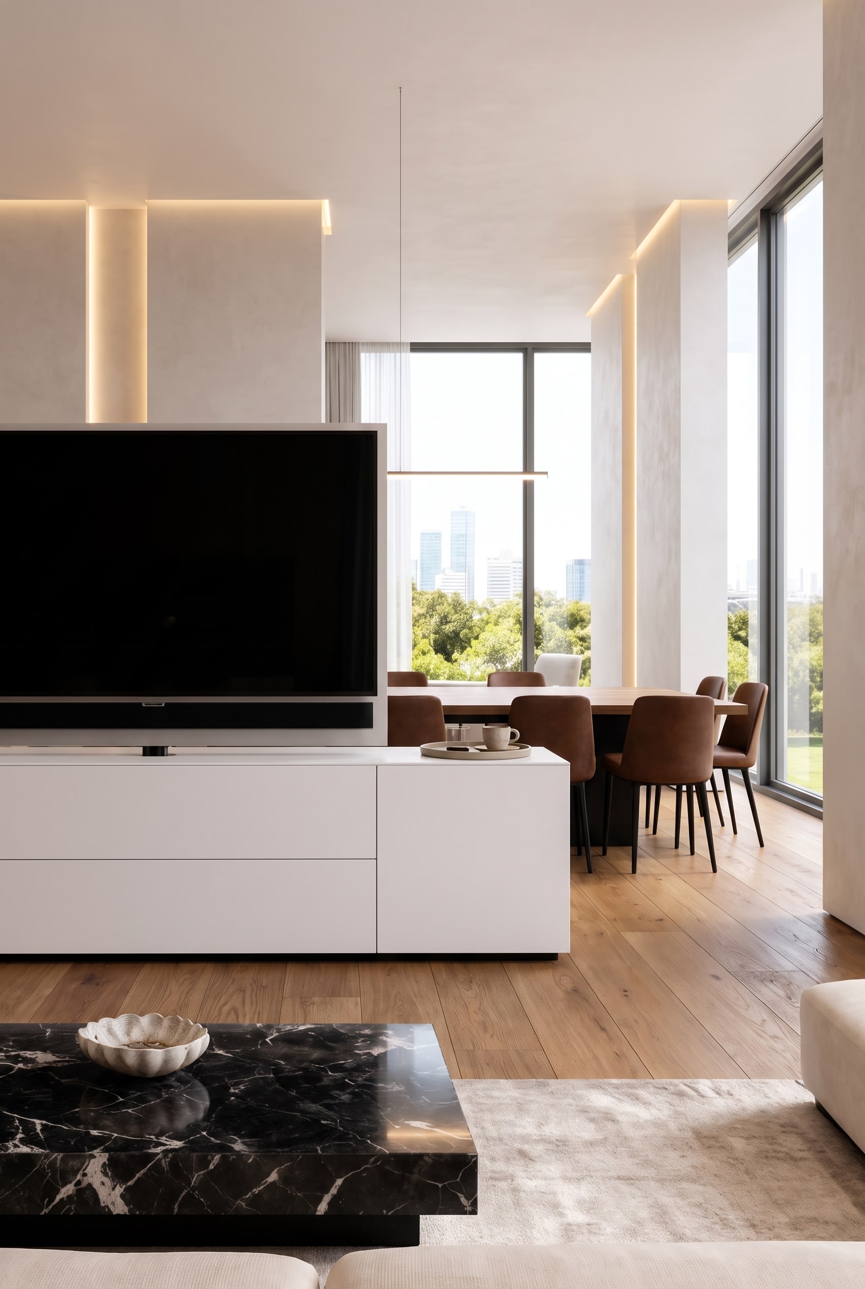 Offener Wohn-Essbereich mit einem freistehenden Raumteiler-Sideboard und einem um 180 Grad drehbaren TV-Paneel