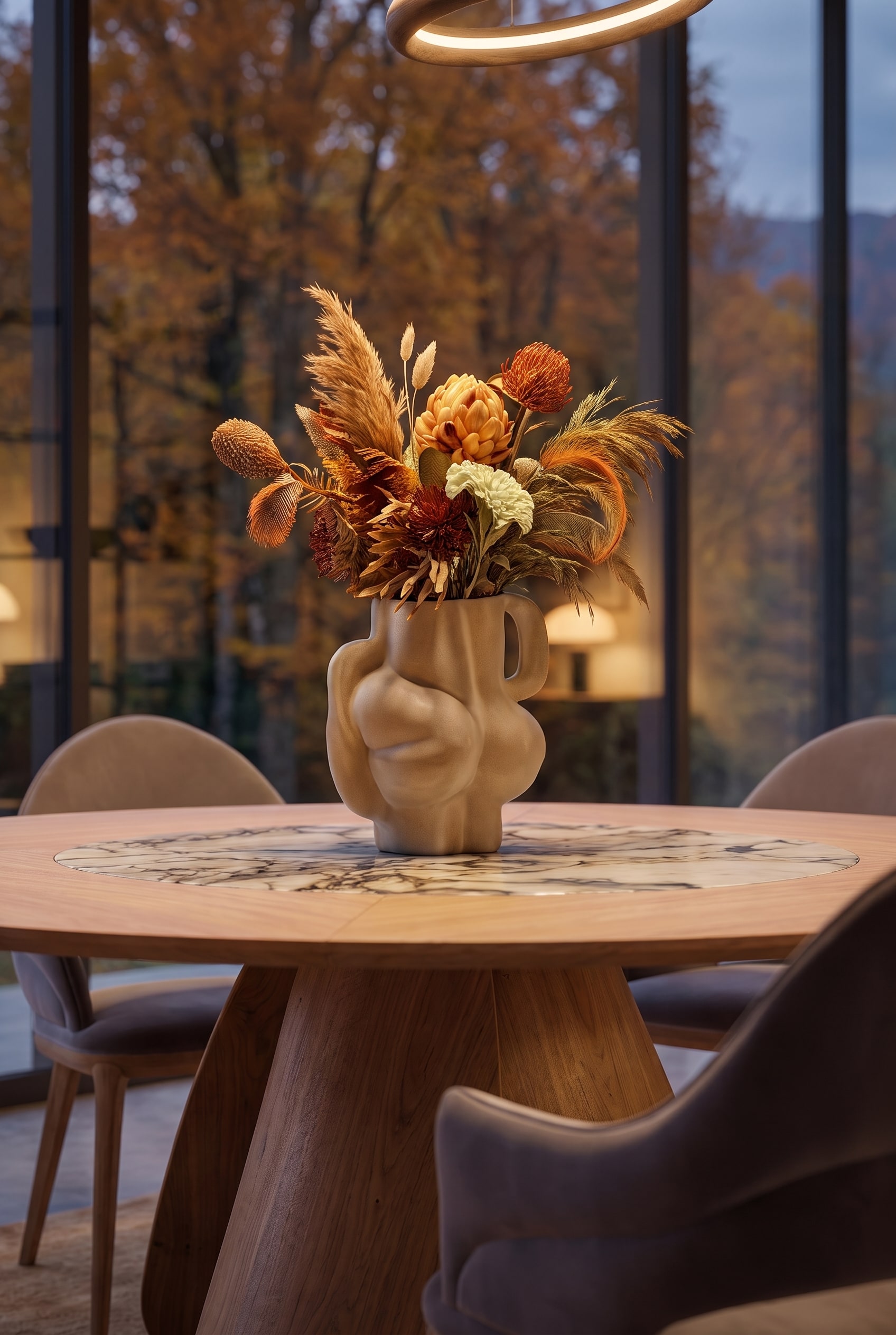 Vase en céramique sculpturale avec un bouquet de fleurs séchées automnales, placé au centre d'un plateau de table en marbre clair.