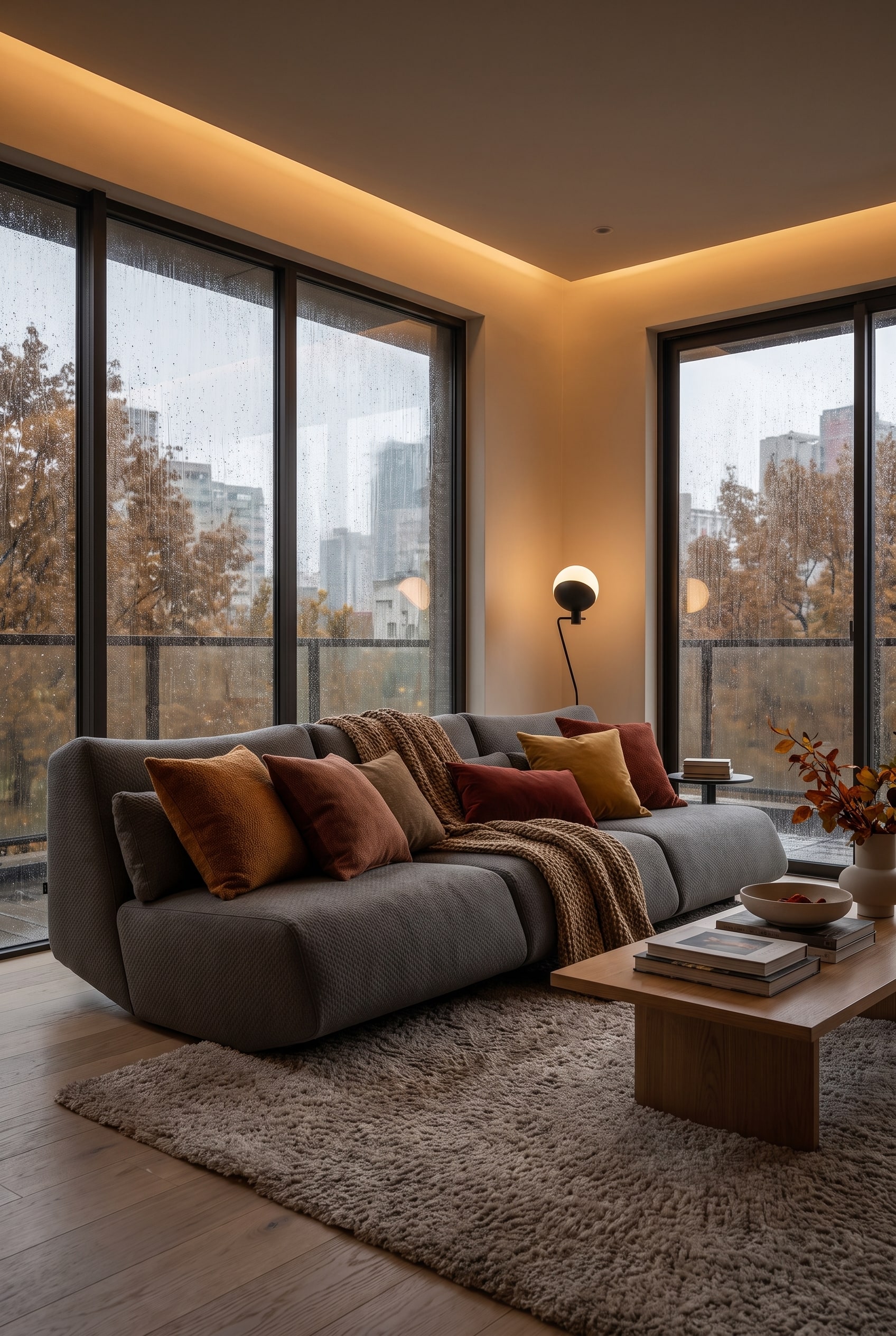 Un fauteuil lounge extra-profond aux couleurs chaudes de l'automne, d&eacute;cor&eacute; d'une couverture en laine douillette et de coussins, dans un salon confortablement &eacute;clair&eacute;.