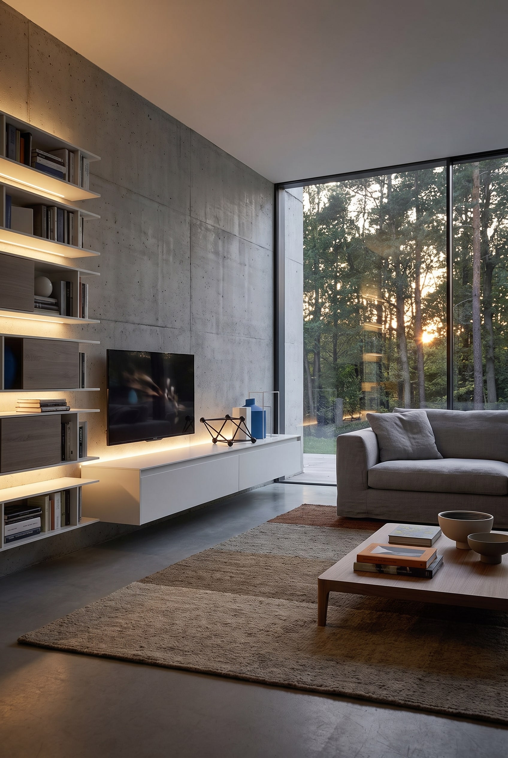 Meuble TV blanc flottant devant un mur en b&eacute;ton apparent dans un salon moderne avec de grandes fen&ecirc;tres et un canap&eacute; gris.