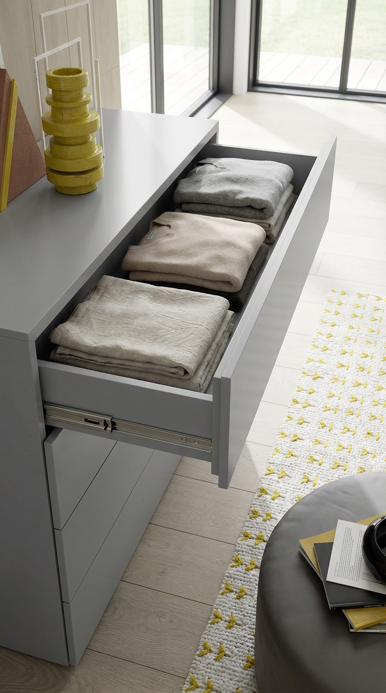 Commode design sans poignée ouverte avec coulissant total, vêtements parfaitement pliés et jeux symétriques Commode design sans poignée ouverte avec coulissant total, vêtements parfaitement pliés et jeux symétriques