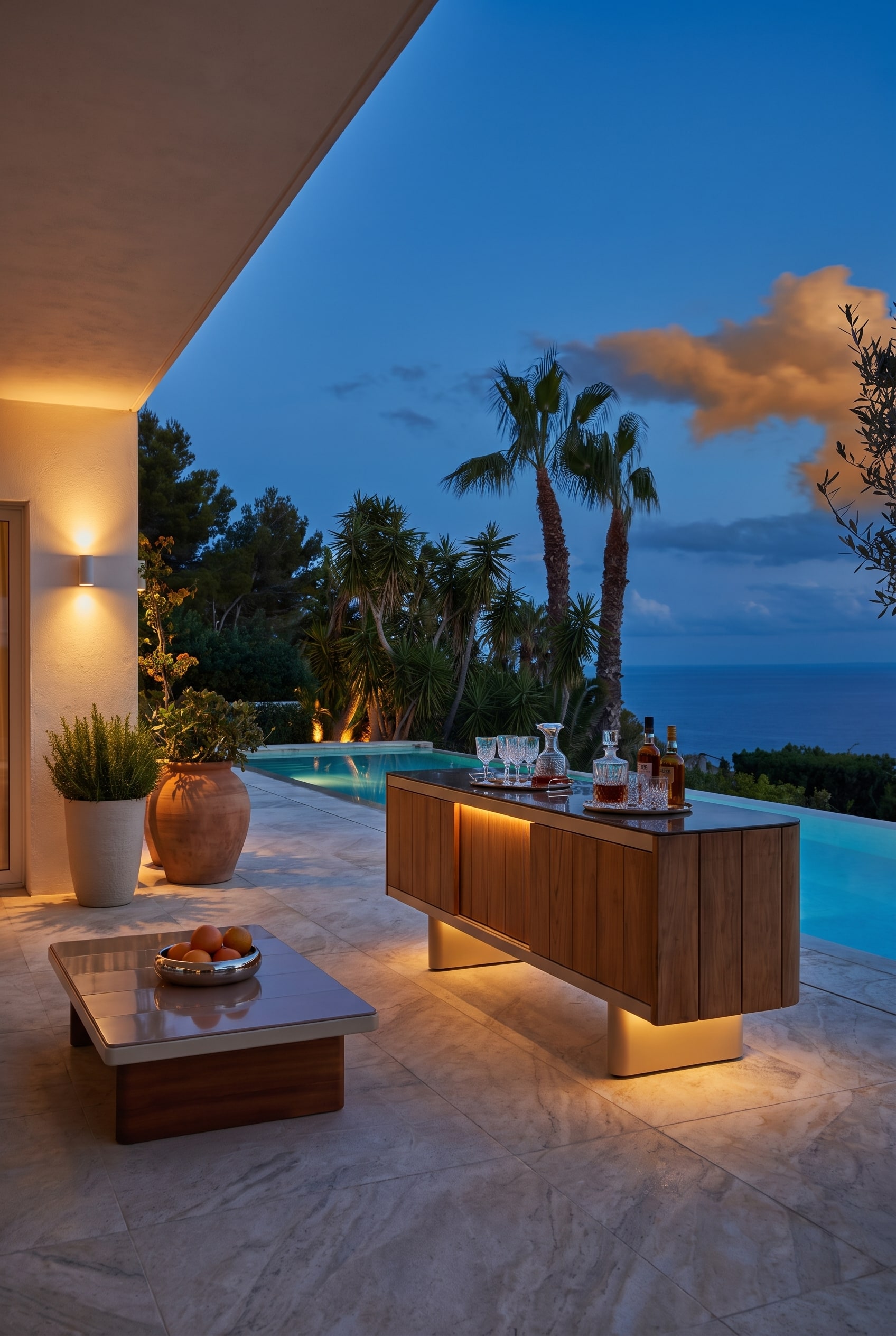Naturstein-Terrasse in der Dämmerung mit einem edlen Outdoor-Sideboard aus Teakholz, arrangiert als stilvolle Hausbar mit Gläsern