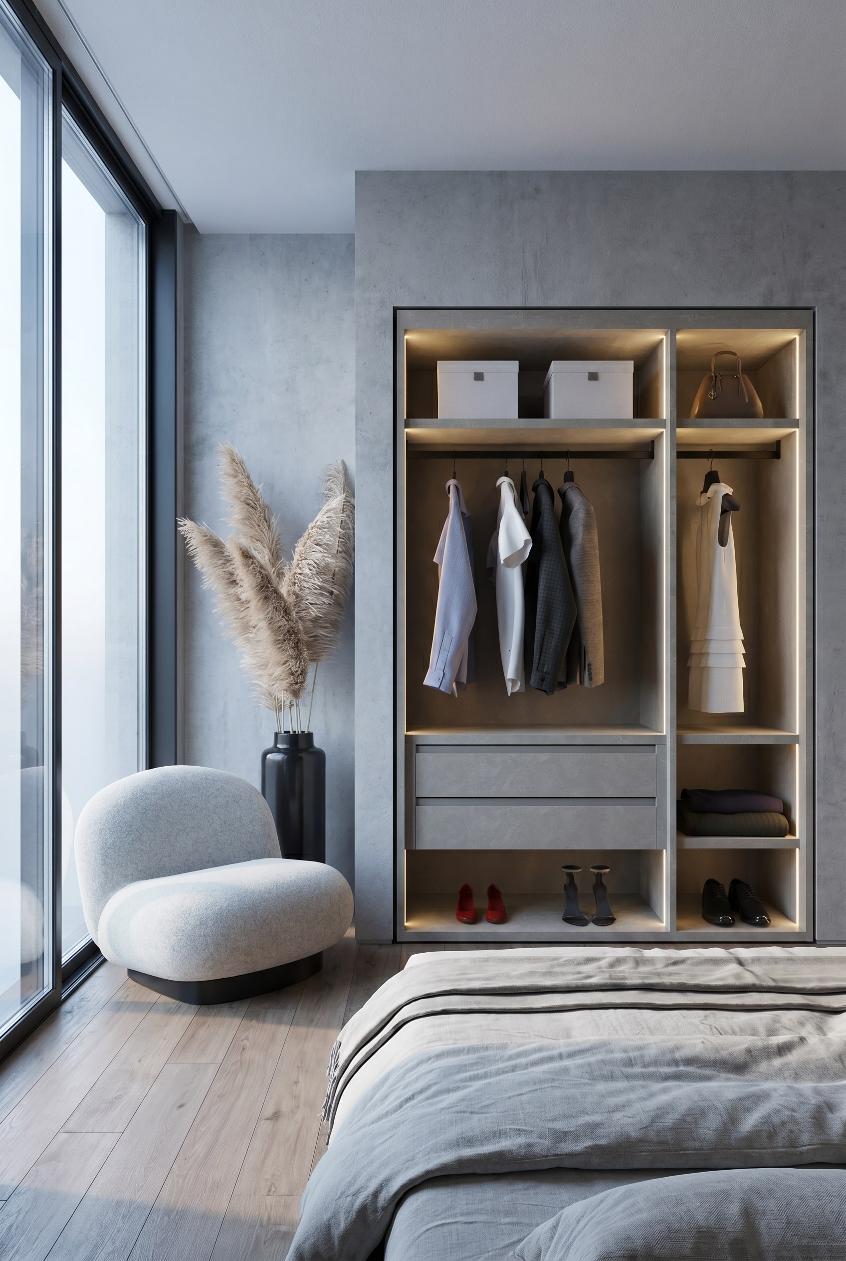 Chambre moderne avec fen&ecirc;tres pleine hauteur et une armoire ouverte sans portes dans un ton gris chaud, anim&eacute;e par un vase en c&eacute;ramique de designer