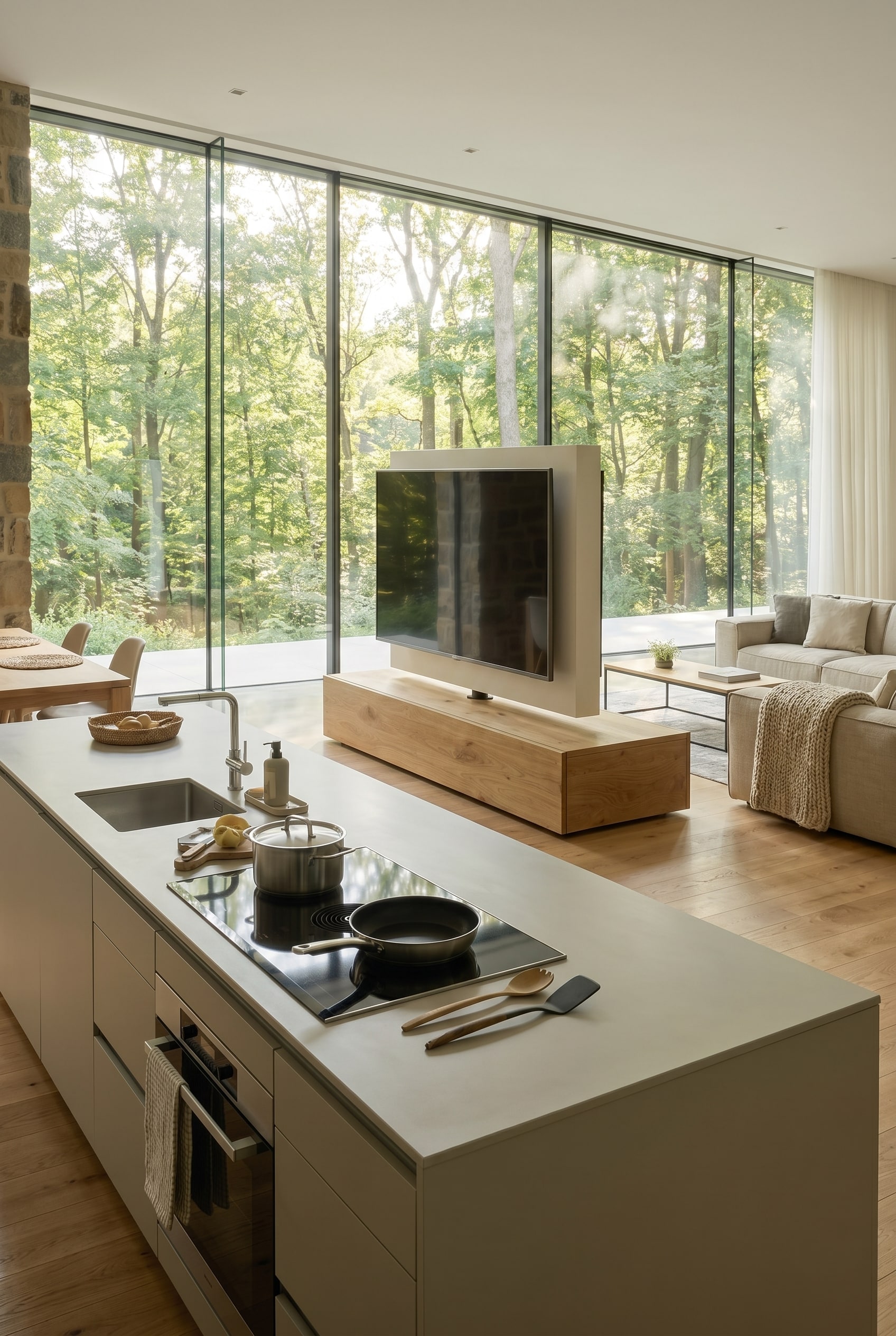 Meuble à l'aspect flottant sur des pieds filigranes sur un parquet en bois continu Meuble à l'aspect flottant sur des pieds filigranes sur un parquet en bois continu