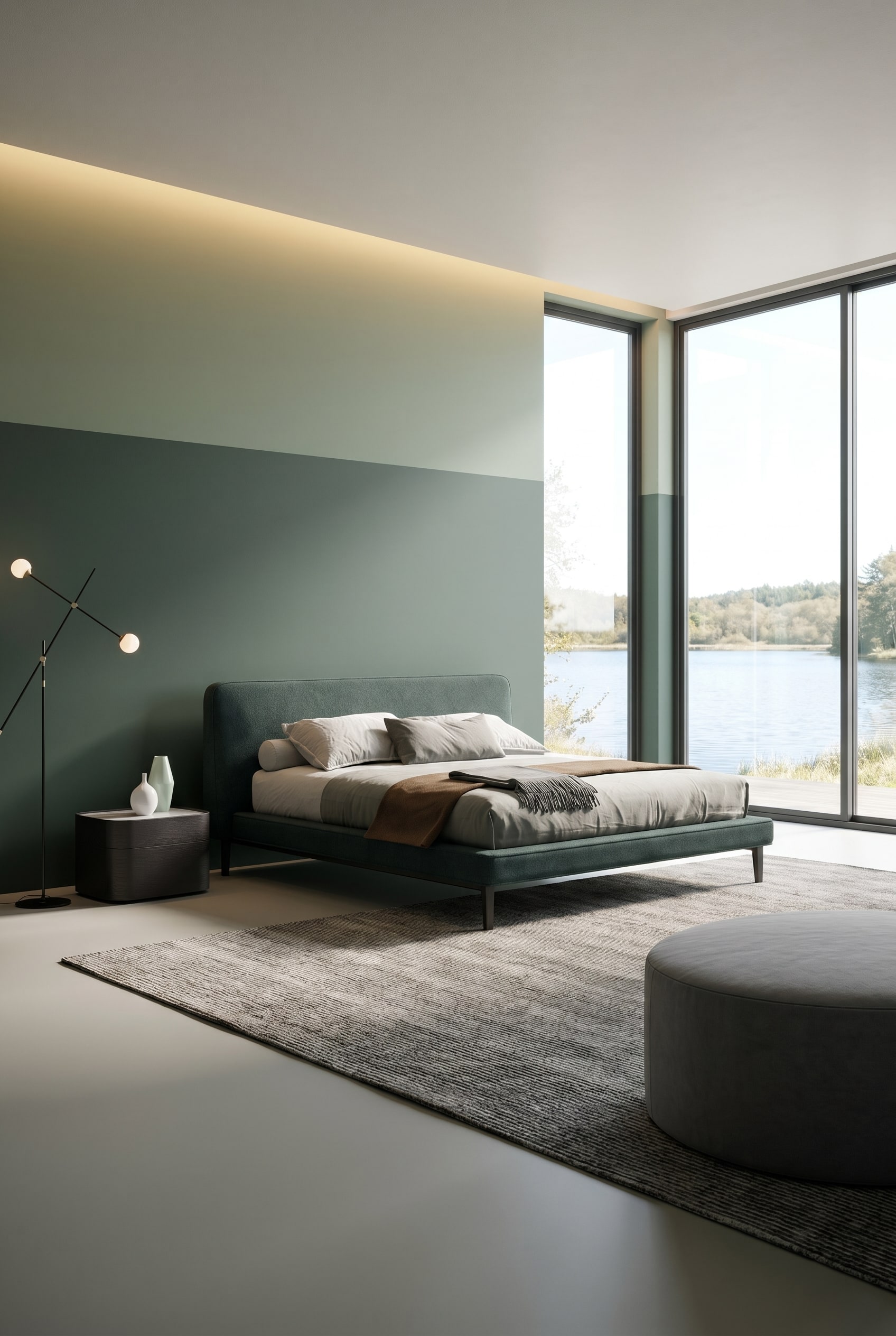Dunkelgrünes Design-Bett vor einer Ton-in-Ton salbeigrünen Wand mit minimalistischen Nachttischen