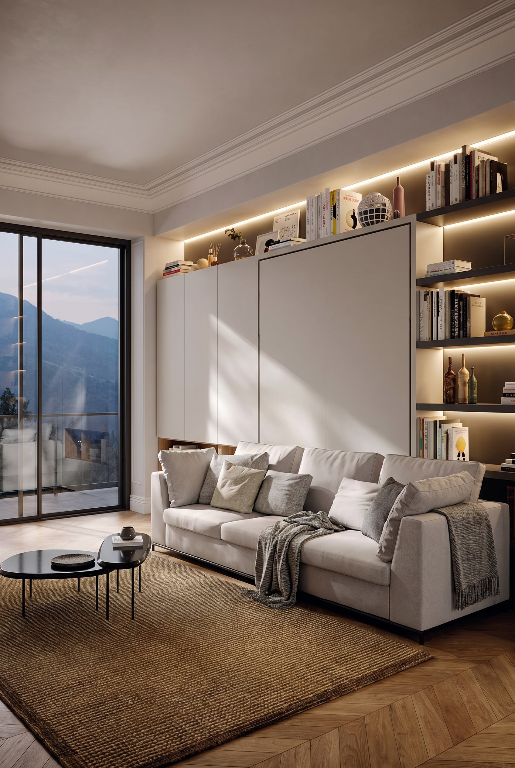 Jugendzimmer mit einem hellgrauen Wandbett, das im hochgeklappten Zustand ein komfortables anthrazitfarbenes Sofa pr&auml;sentiert