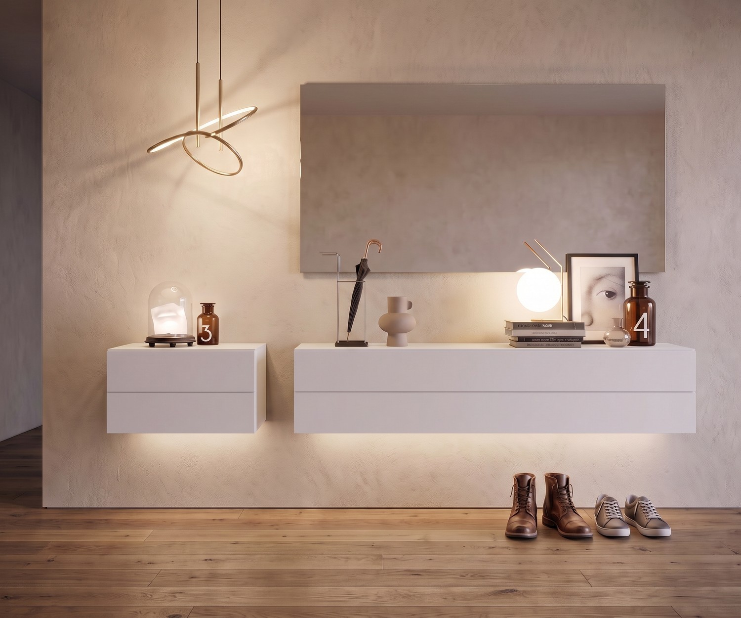 Novamobili Hängekommode Easy in Weiß mit Beleuchtung Novamobili Hängekommode Easy für den Flur, schwebendes Sideboard in Weiß mit LED-Beleuchtung im modernen Eingangsbereich.