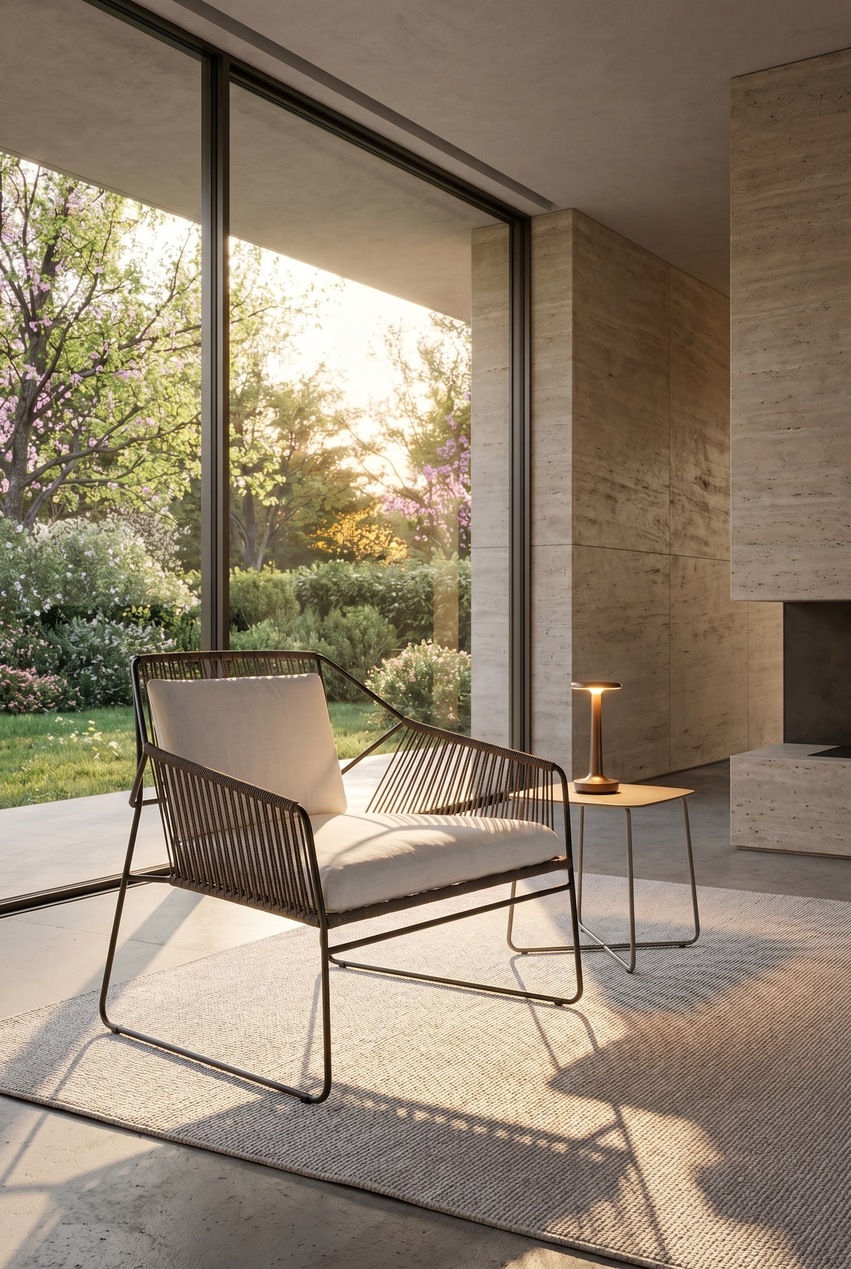 Ambiance lumineuse dans l'espace de détente du jardin en début de soirée printanière Ambiance lumineuse dans l'espace de détente du jardin en début de soirée printanière